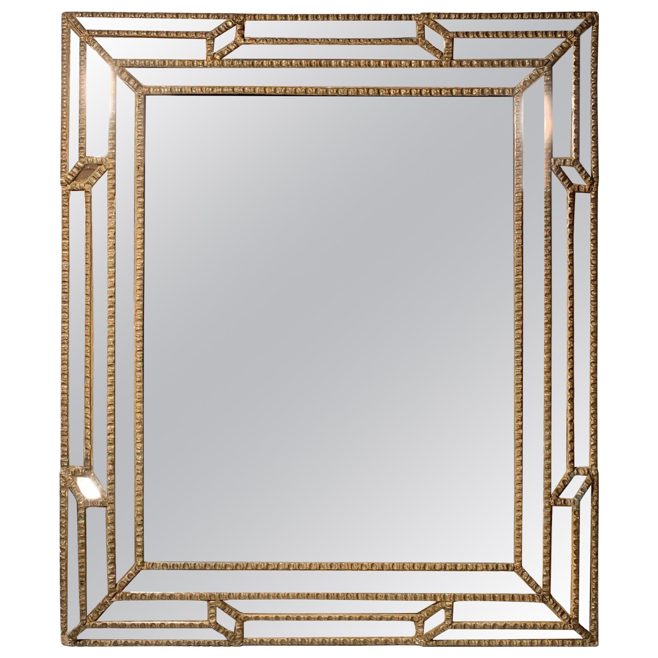 Large Baroque Italian Gilt Diamond Faceted Mirror