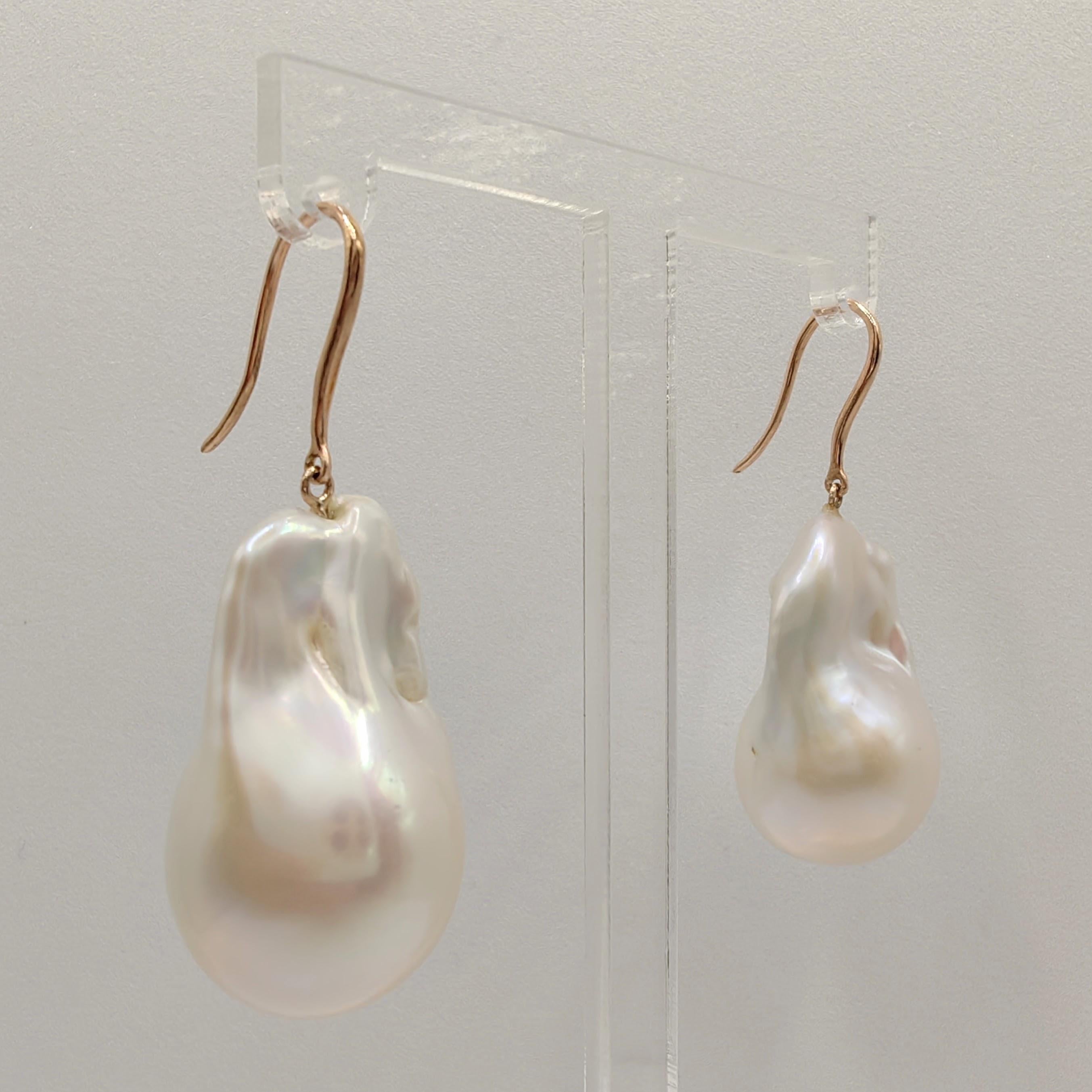 Uncut Large Baroque Pearl Dangling Drop Earrings With 18K Rose Gold French Hooks