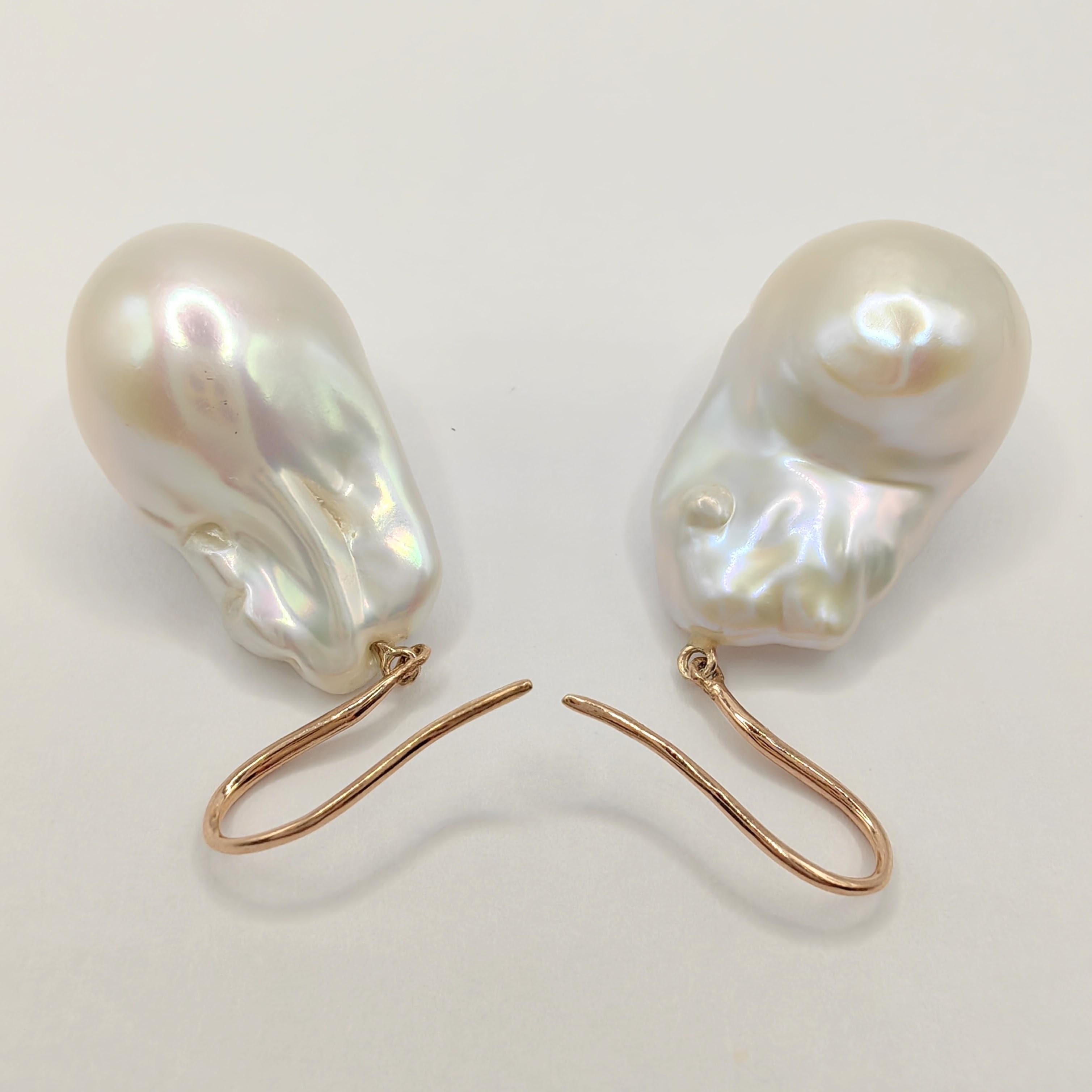 Women's Large Baroque Pearl Dangling Drop Earrings With 18K Rose Gold French Hooks