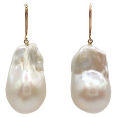 Large Baroque Pearl Dangling Drop Earrings With 18K Rose Gold French Hooks