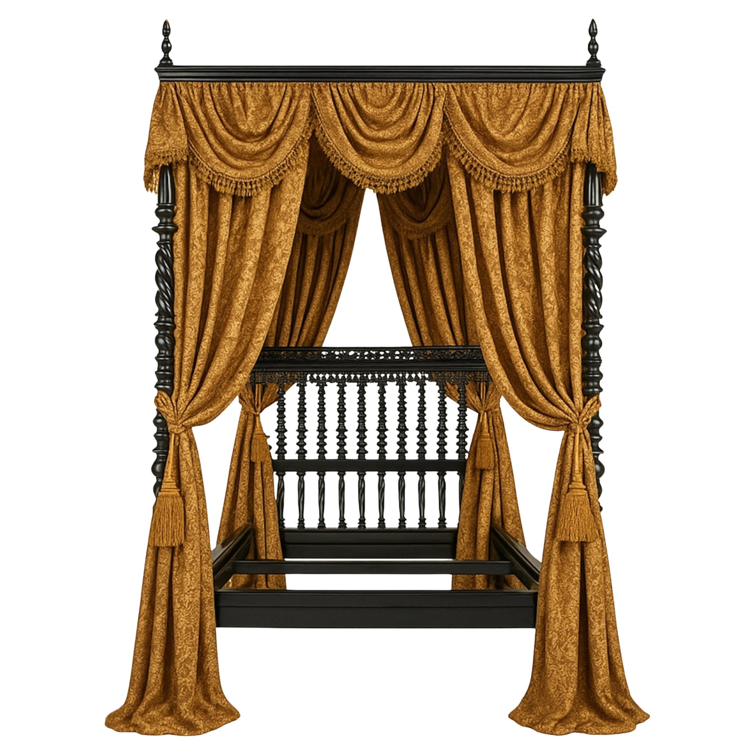 Grand lit à baldaquin de style baroque en laque noire, 19e siècle