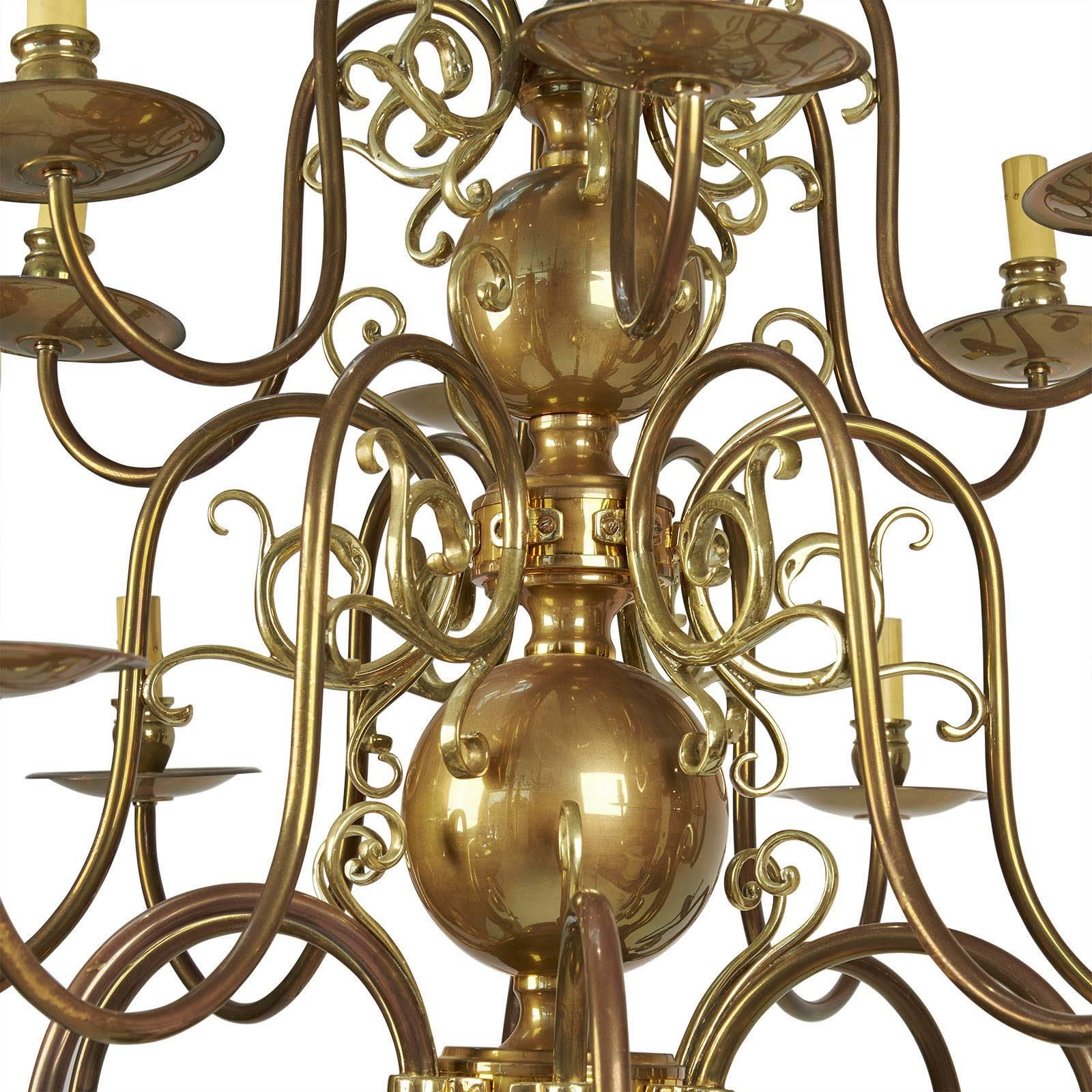 A large Baroque Style brass chandelier, England circa 1920.  Classic design seen often in old master paintings.  Made all over Europe

