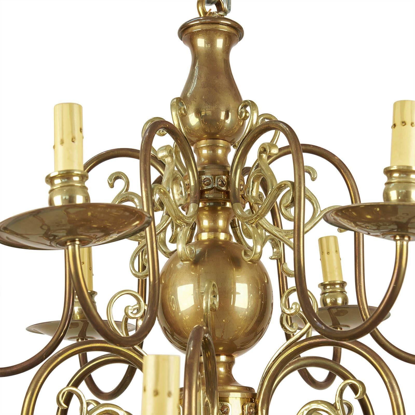 English Large Baroque Style Brass Chandelier, England, circa 1920