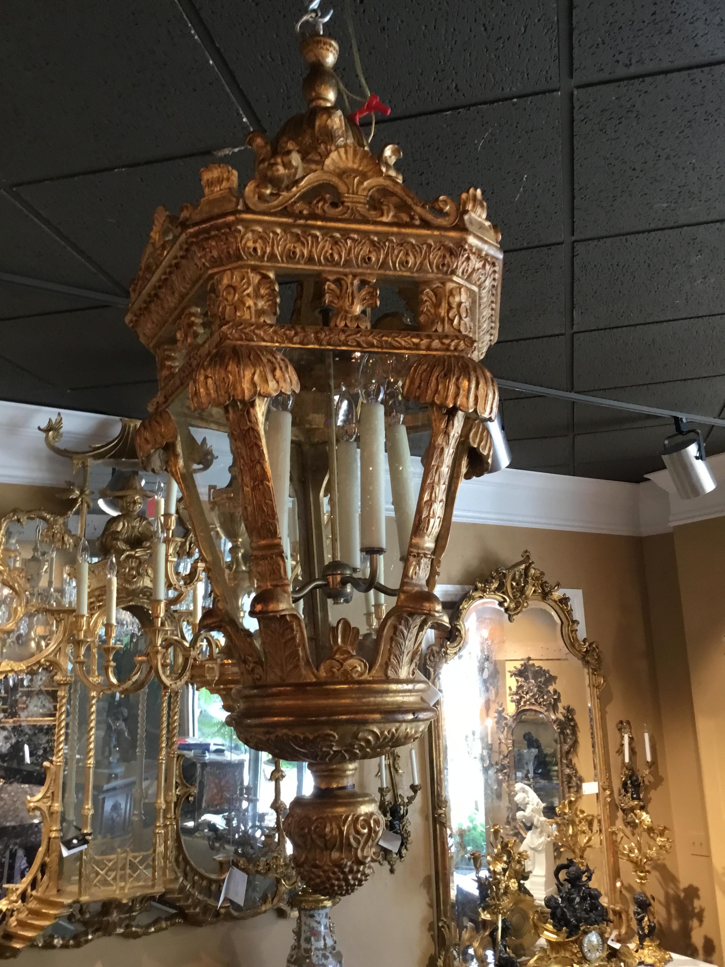 Large Baroque Style Lantern Chandelier in Carved Giltwood In Good Condition In Houston, TX
