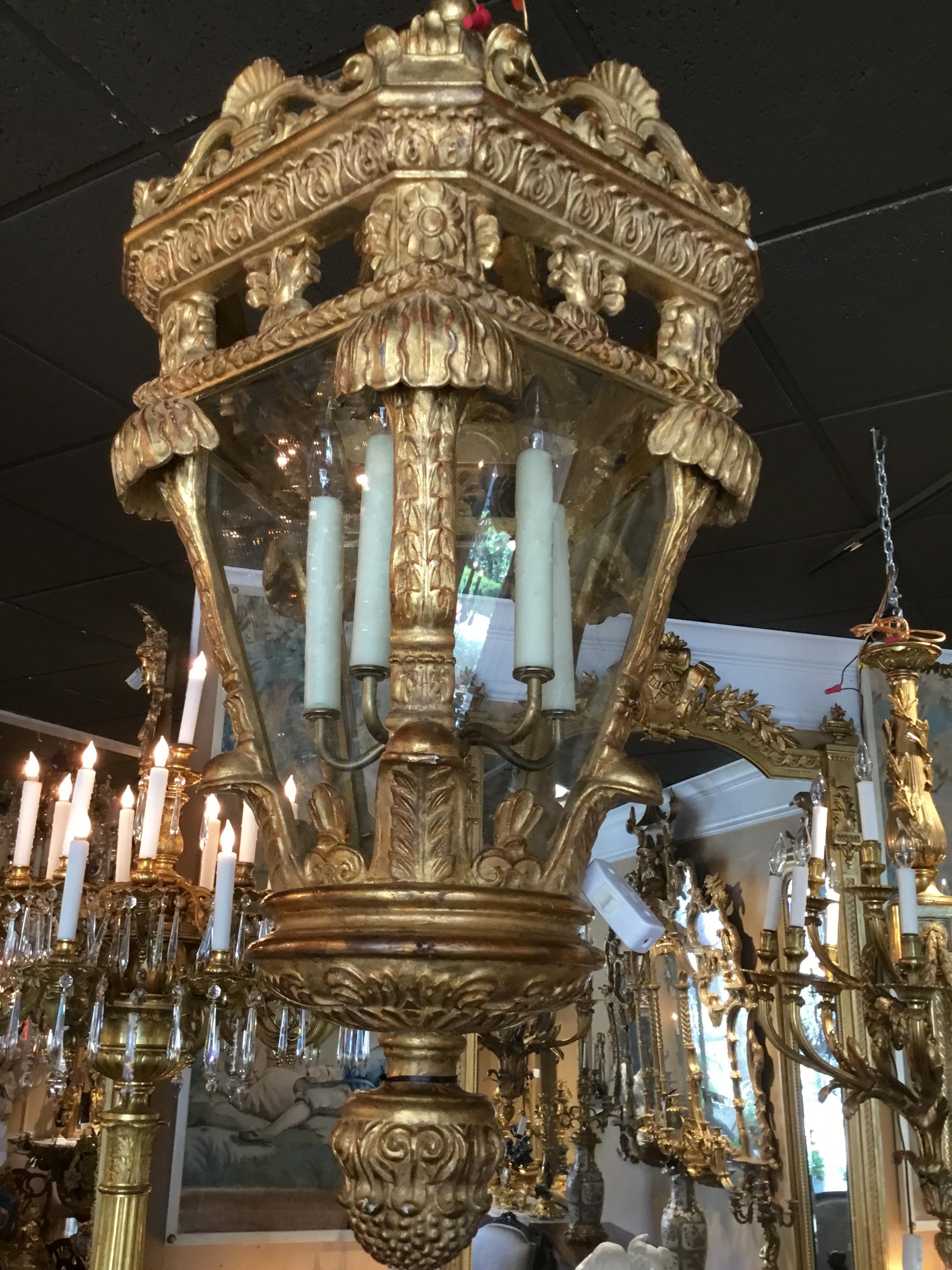 Contemporary Large Baroque Style Lantern Chandelier in Carved Giltwood