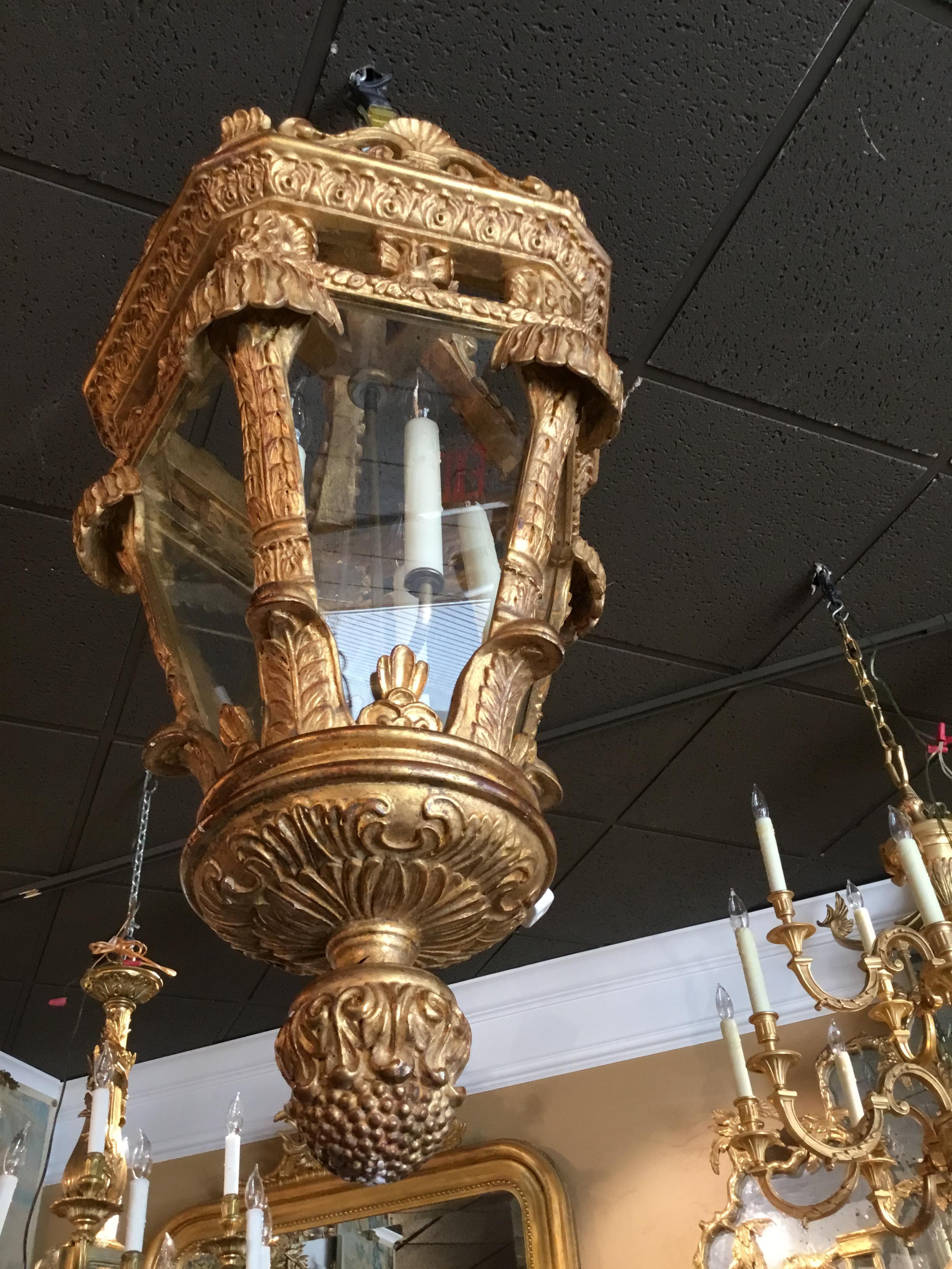 Large Baroque Style Lantern Chandelier in Carved Giltwood 1