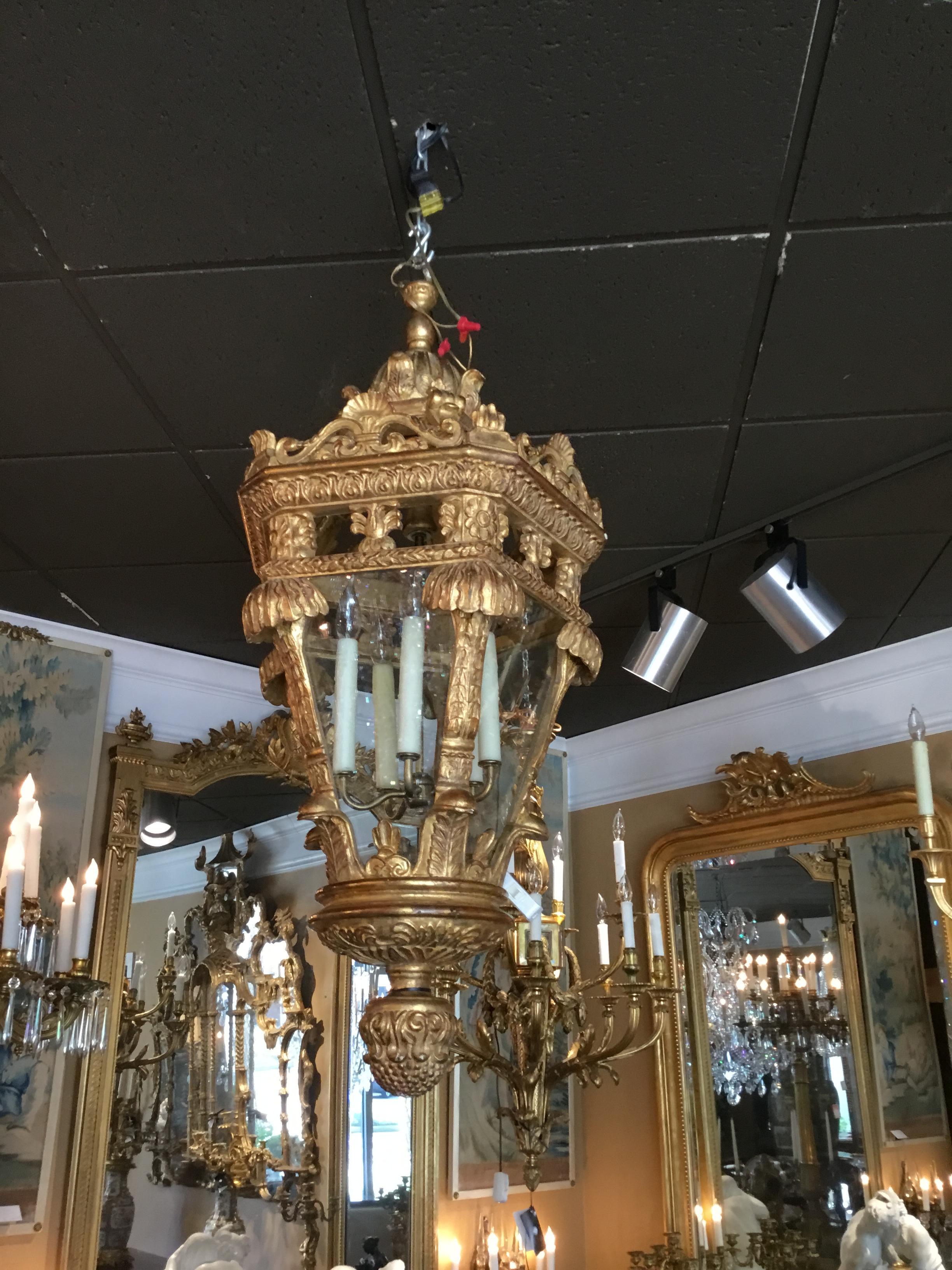 Large Baroque Style Lantern Chandelier in Carved Giltwood 2