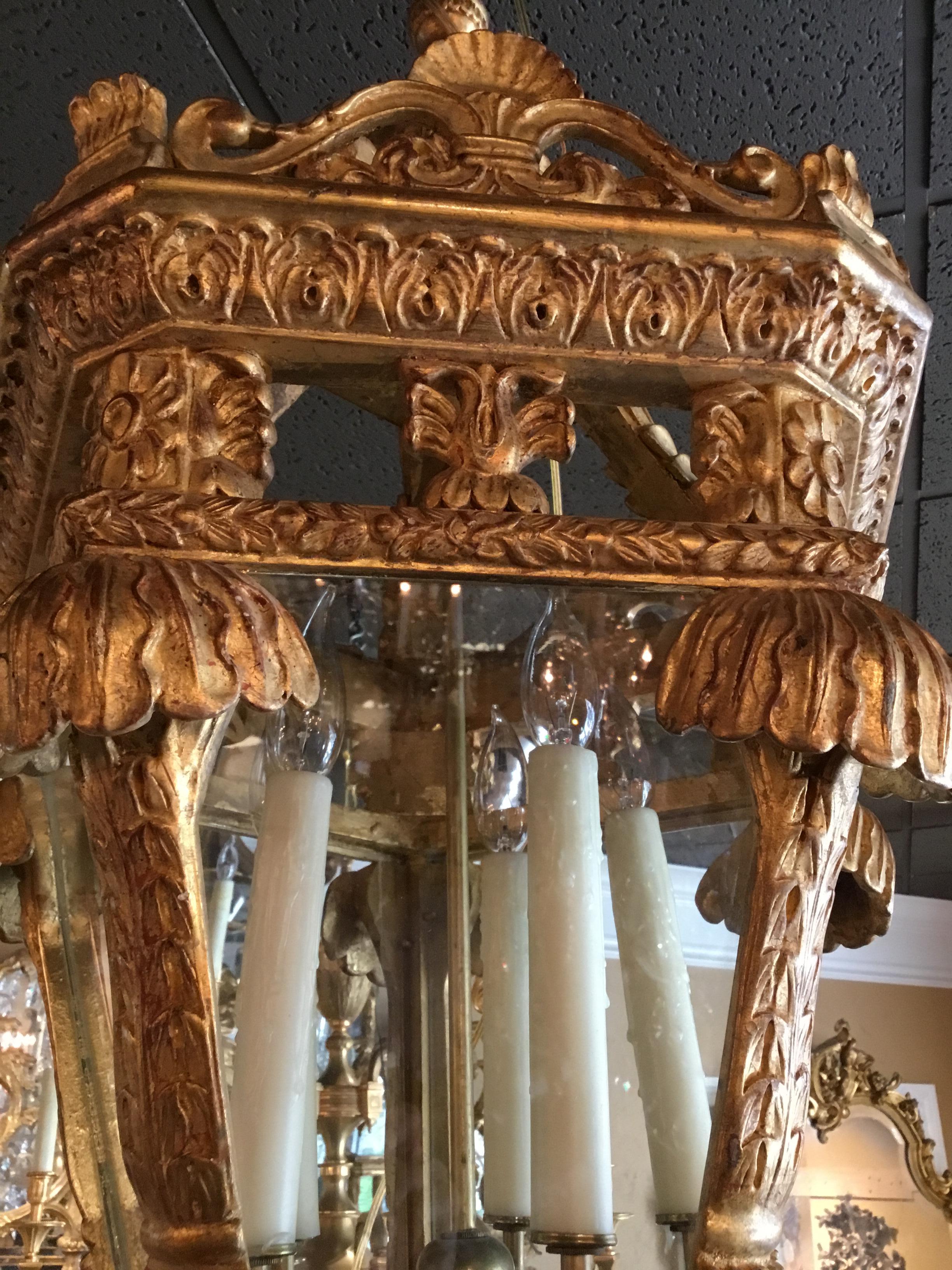 Large Baroque Style Lantern Chandelier in Carved Giltwood 3