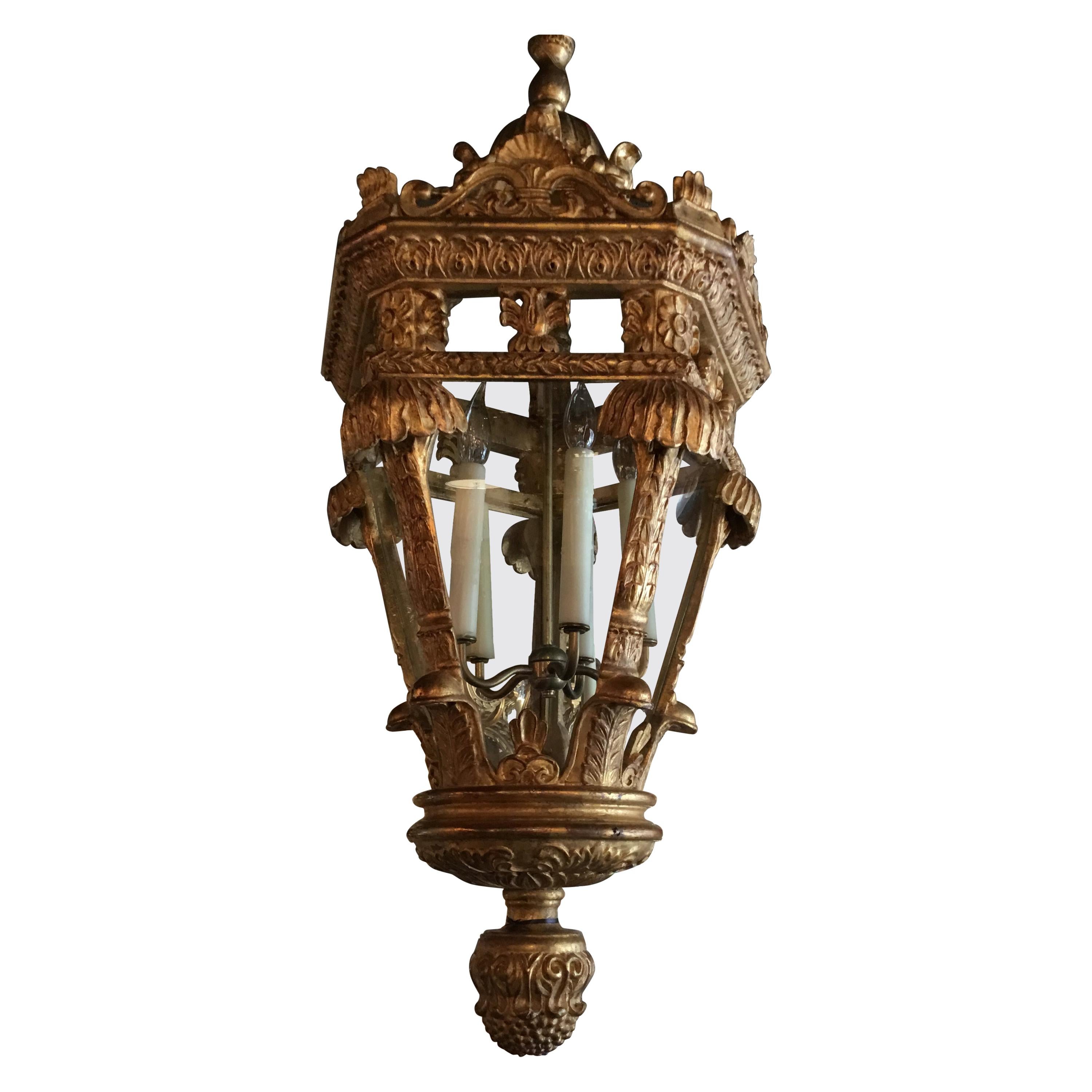 Large Baroque Style Lantern Chandelier in Carved Giltwood