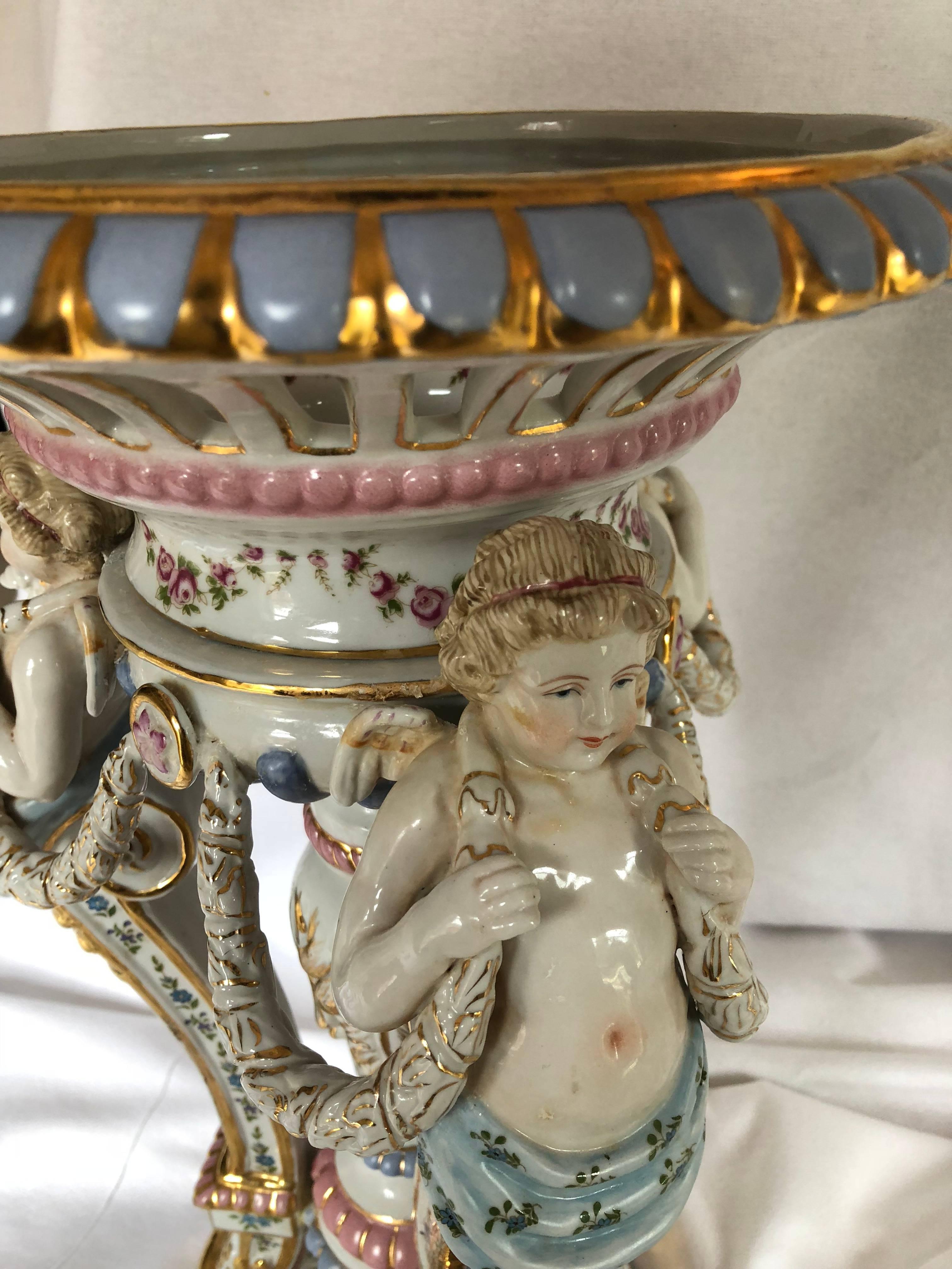 Large Baroque Style Porcelain Centerpiece, Large Hand-Painted Cherub Epergne In Good Condition For Sale In Harrisburg, PA