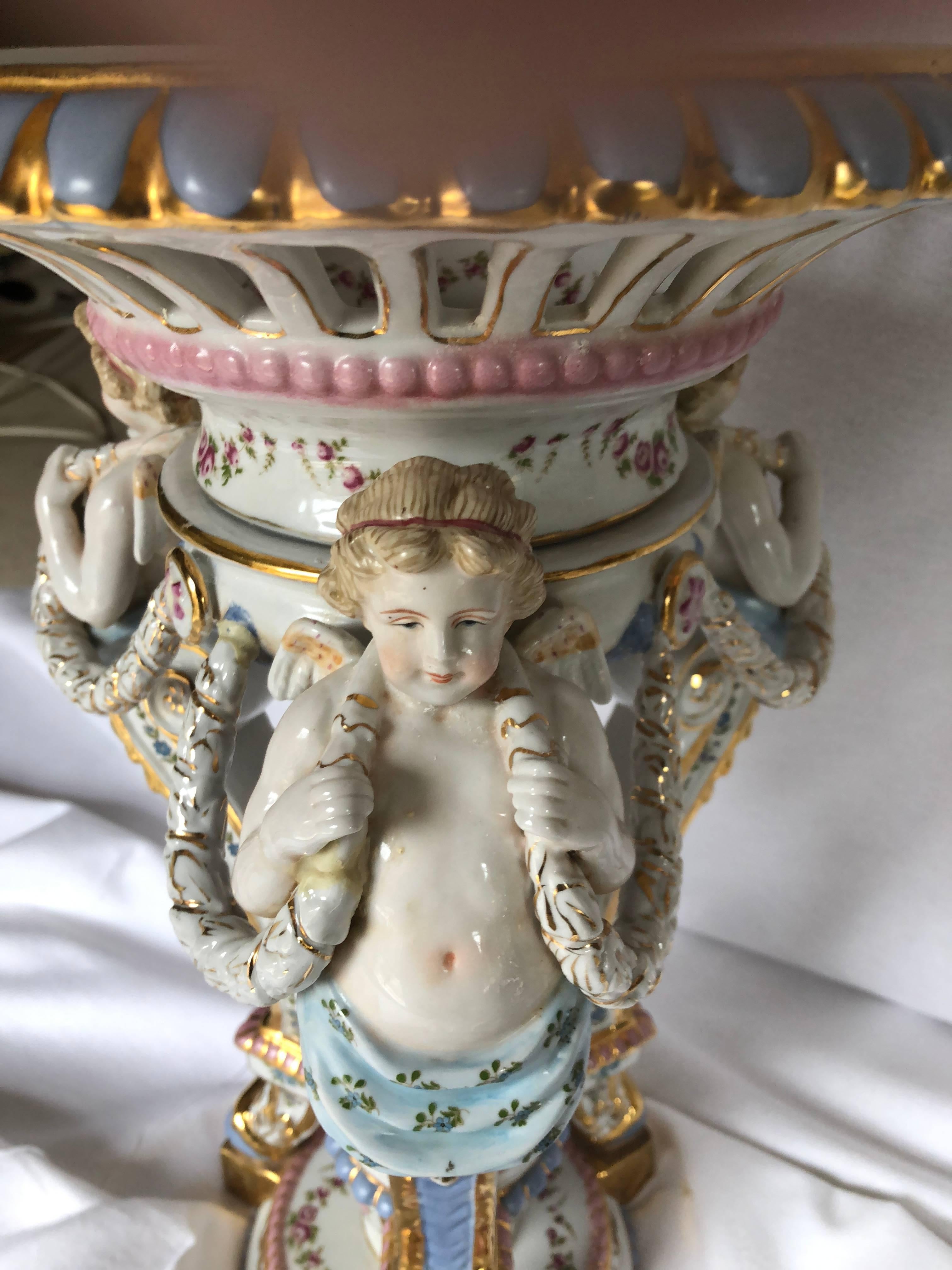 Large Baroque Style Porcelain Centerpiece, Large Hand-Painted Cherub Epergne For Sale 1