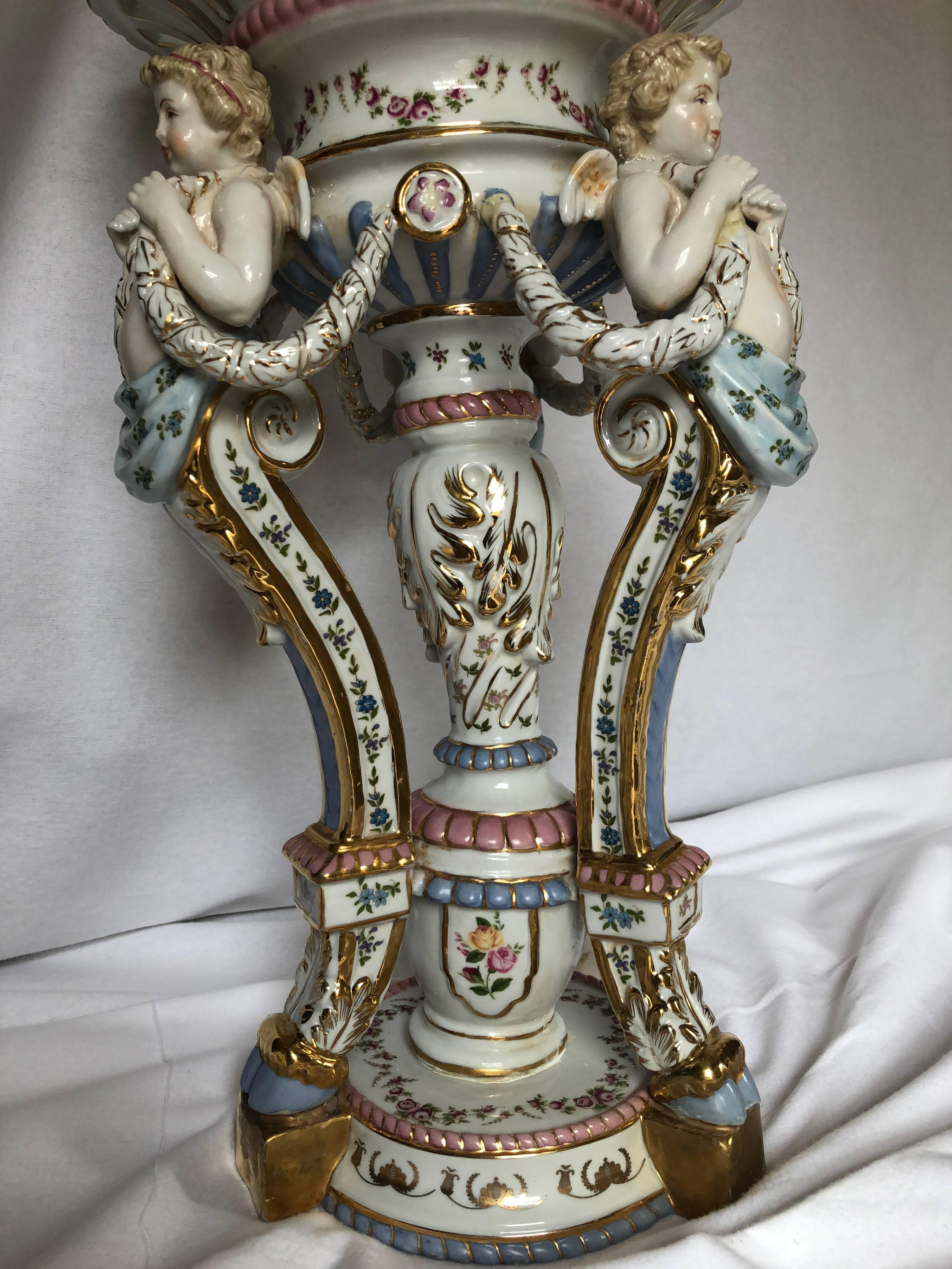 Large Baroque Style Porcelain Centerpiece, Large Hand-Painted Cherub Epergne For Sale 2