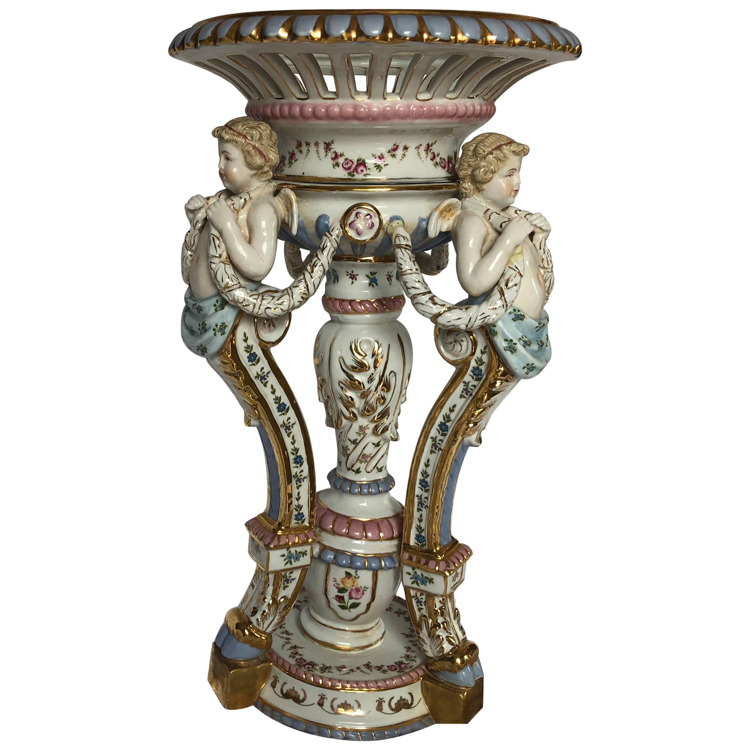 Large Baroque Style Porcelain Centerpiece, Large Hand-Painted Cherub Epergne For Sale