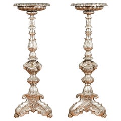 Large Baroque Style Silver Plated Bronze Candlestick with Cherubs, Sold Each