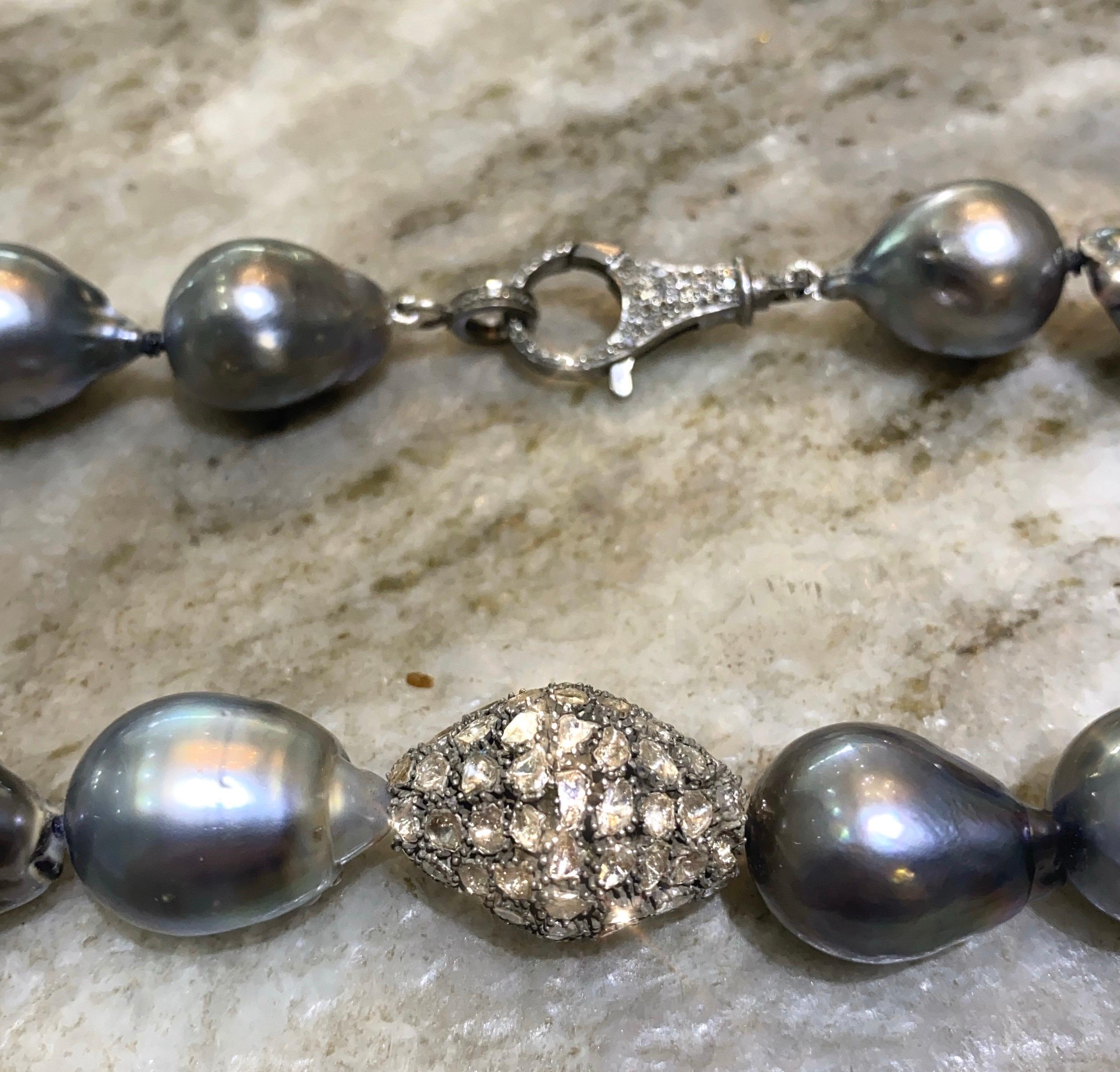 Contemporary Large Baroque Tahitian Pearl Strand Necklace with Diamonds For Sale