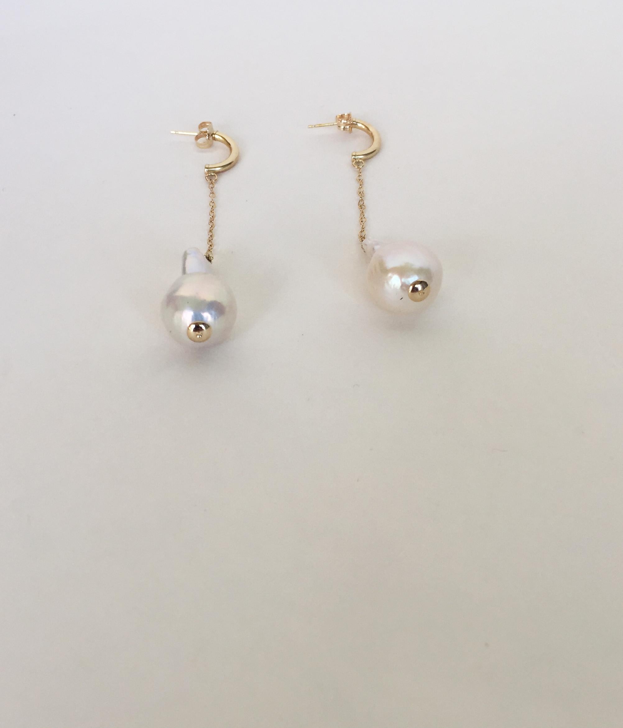 Artist Marina J Large Baroque White Pearl Dangle Earrings with 14 K Yellow Gold Chains