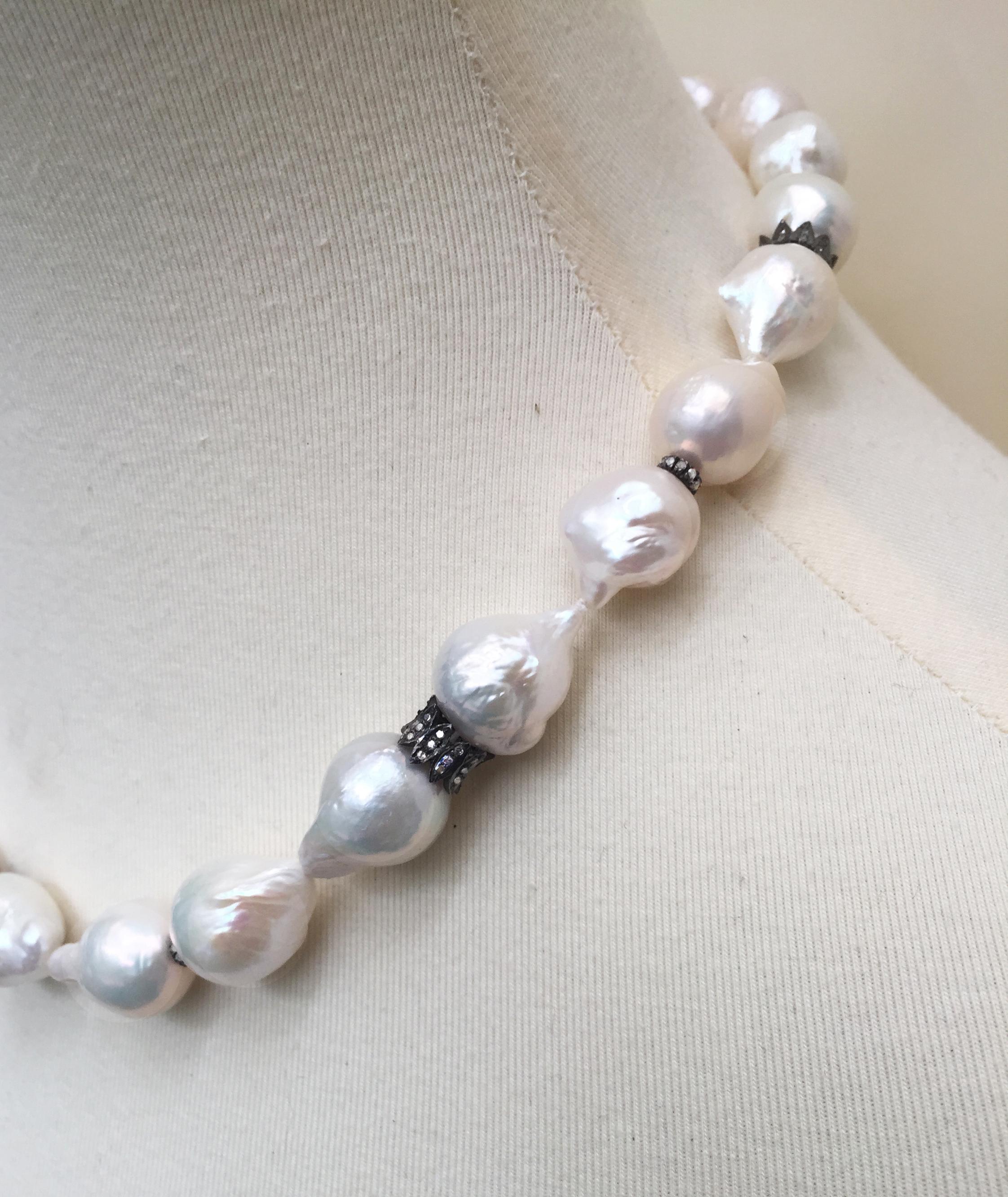 Artist Large Baroque White Pearl Necklace with Diamond and Oxidite Silver Dividers