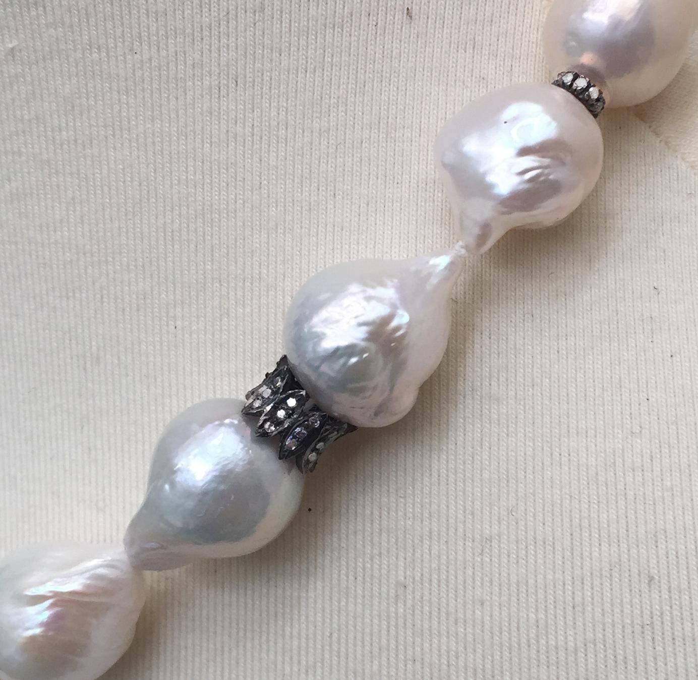Large Baroque White Pearl Necklace with Diamond and Oxidite Silver Dividers In New Condition In Los Angeles, CA