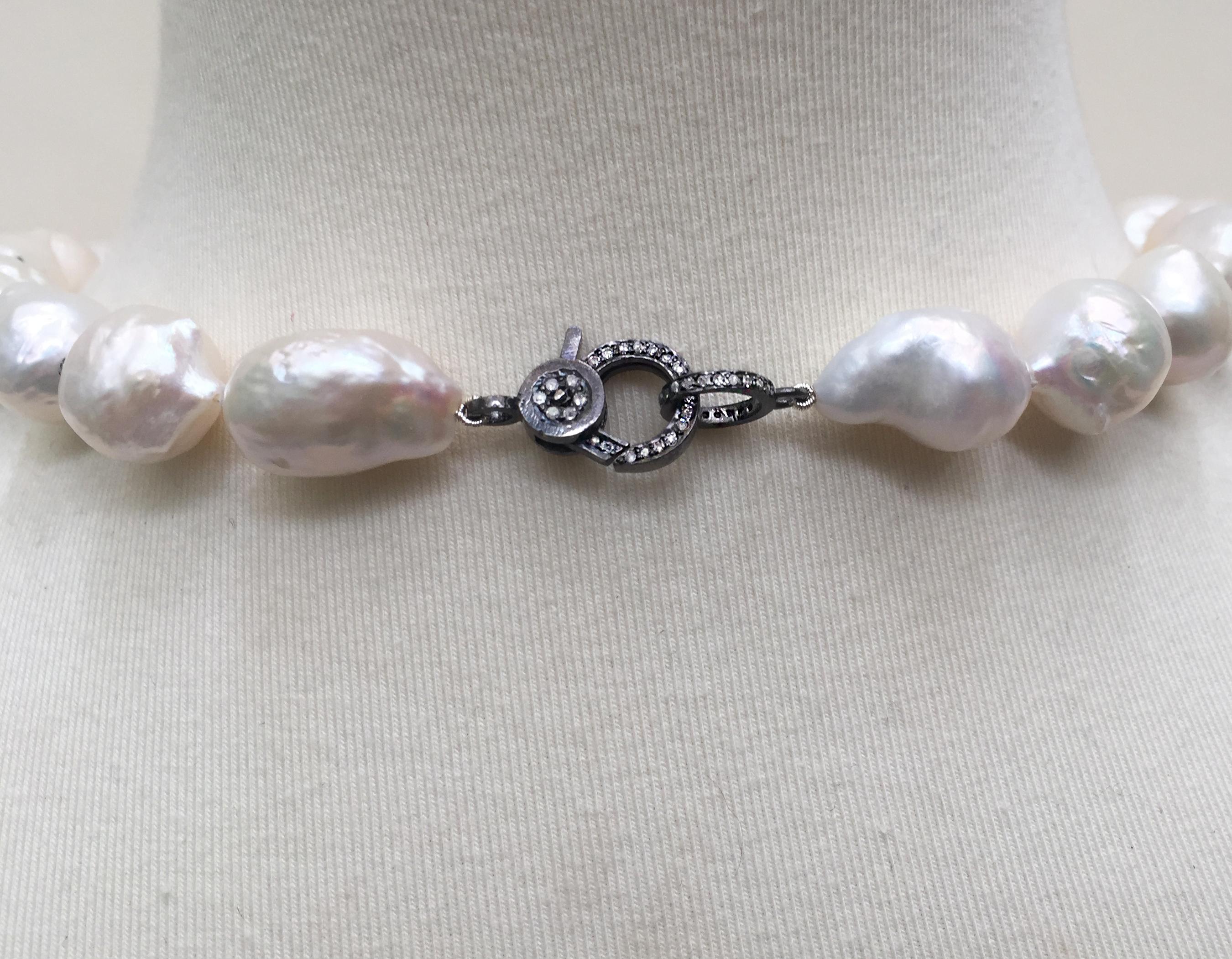 Women's Large Baroque White Pearl Necklace with Diamond and Oxidite Silver Dividers