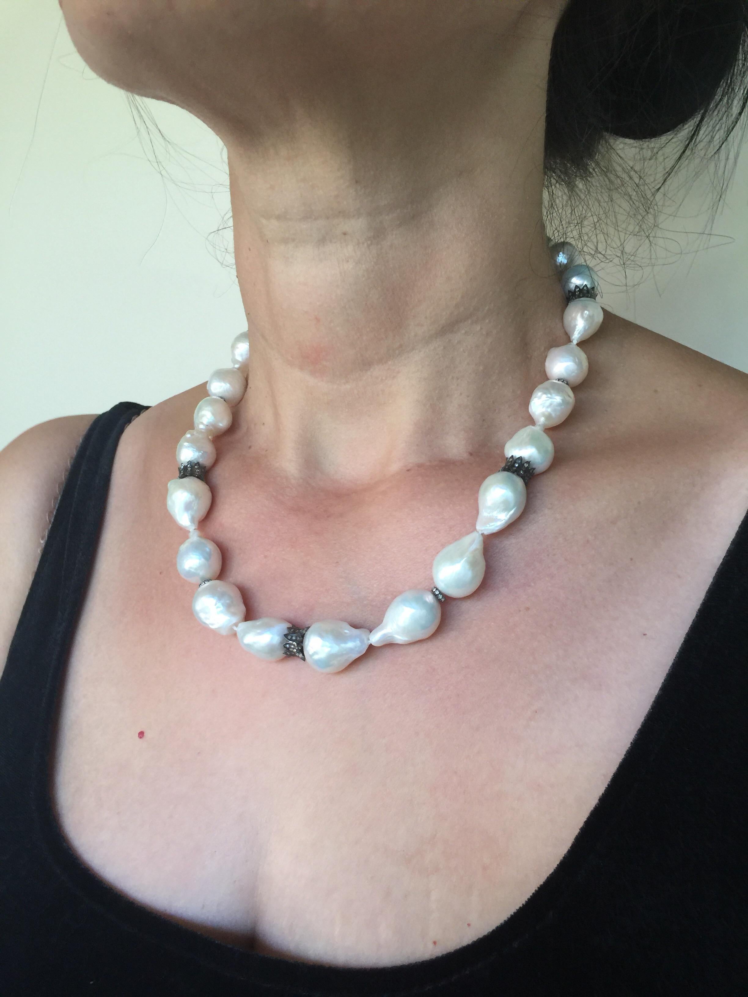 Large Baroque White Pearl Necklace with Diamond and Oxidite Silver Dividers 1