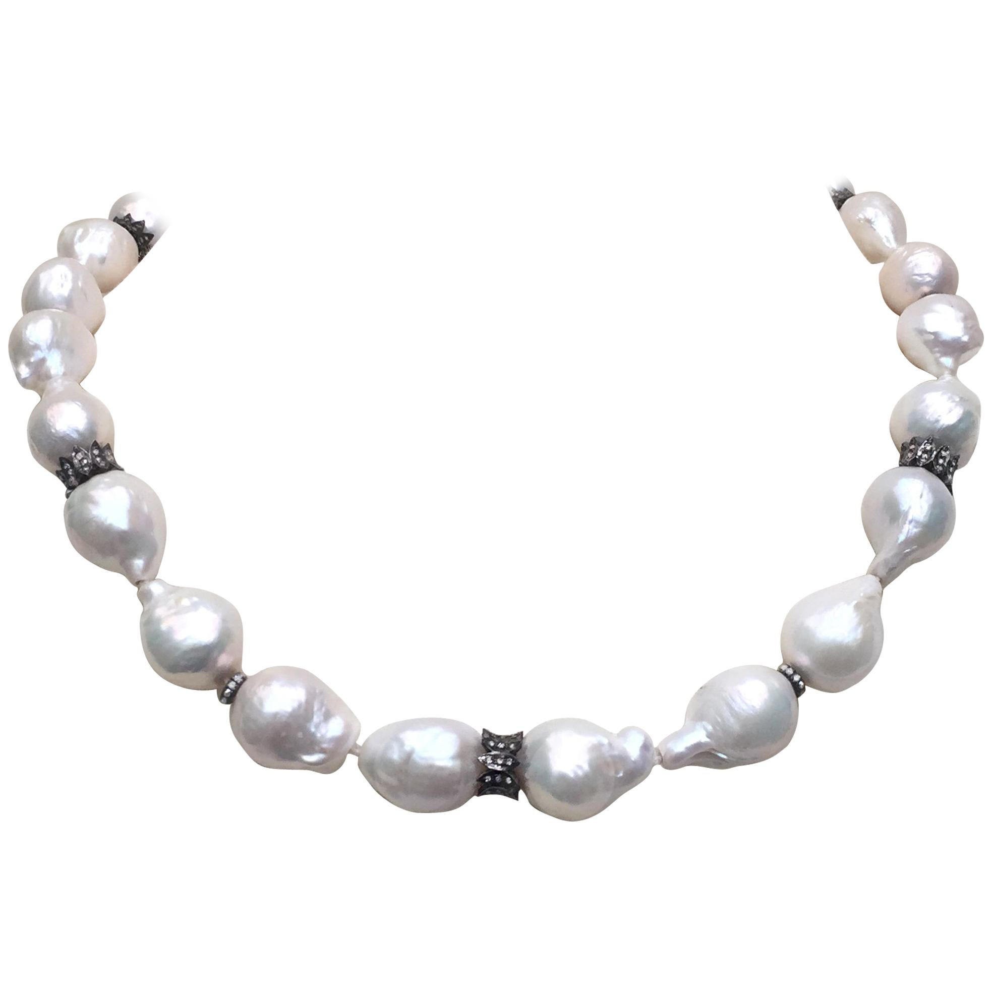 Large Baroque White Pearl Necklace with Diamond and Oxidite Silver Dividers