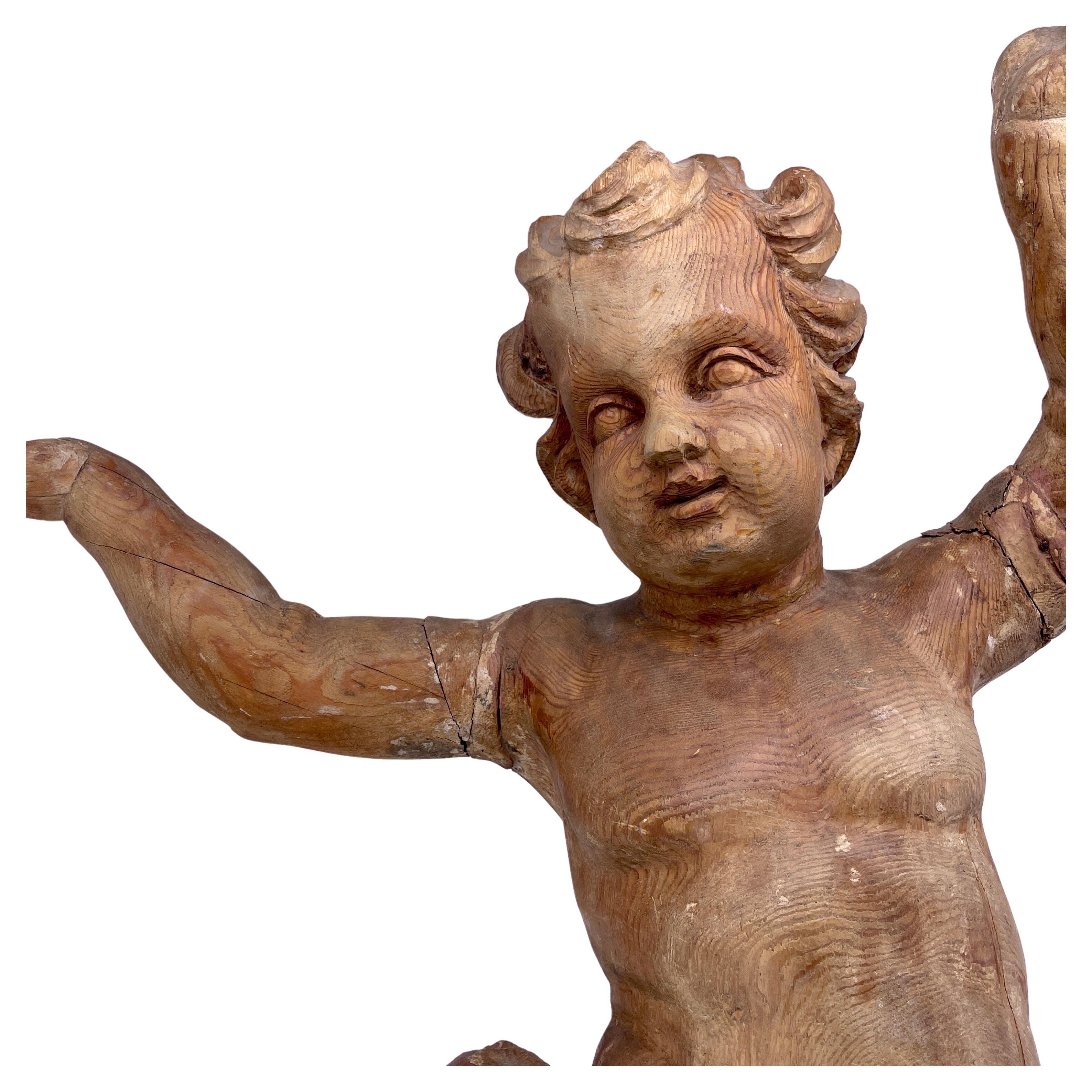 Large Baroque Wood Angel Putti Sculpture, Early 18th Century, Italy  3