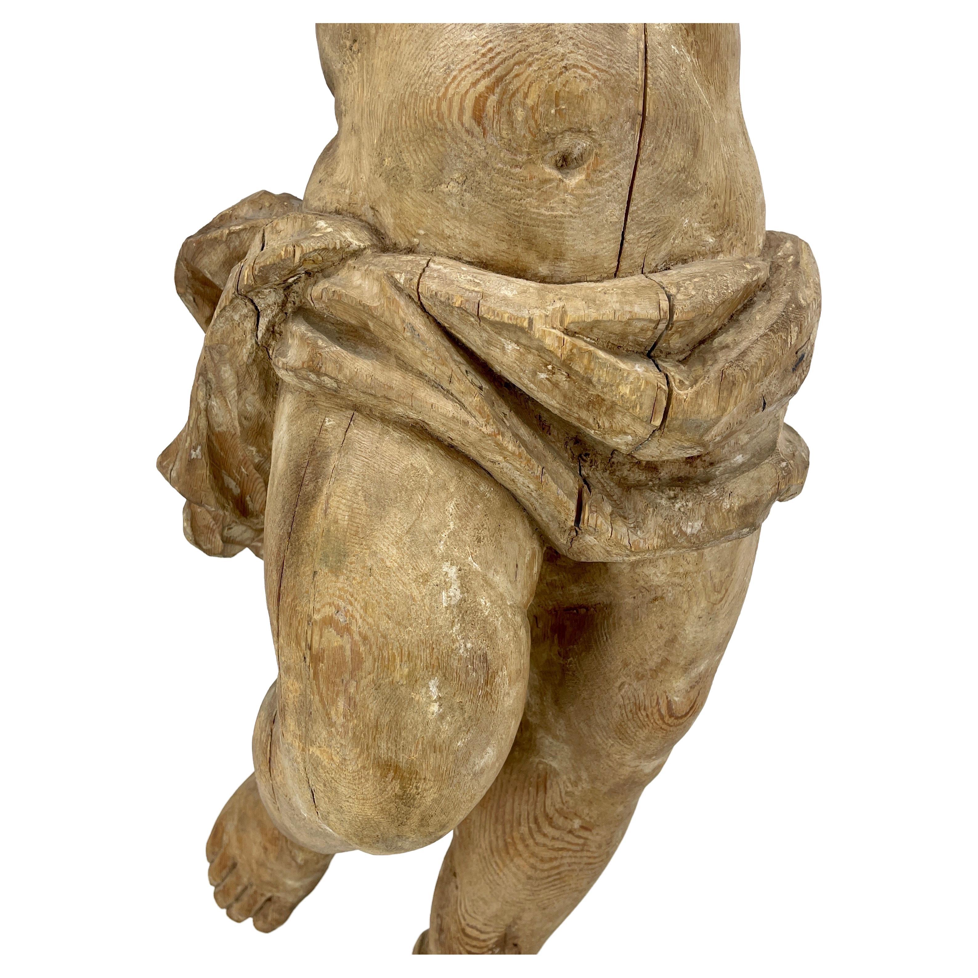 Hand-Carved Large Baroque Wood Angel Putti Sculpture, Early 18th Century, Italy