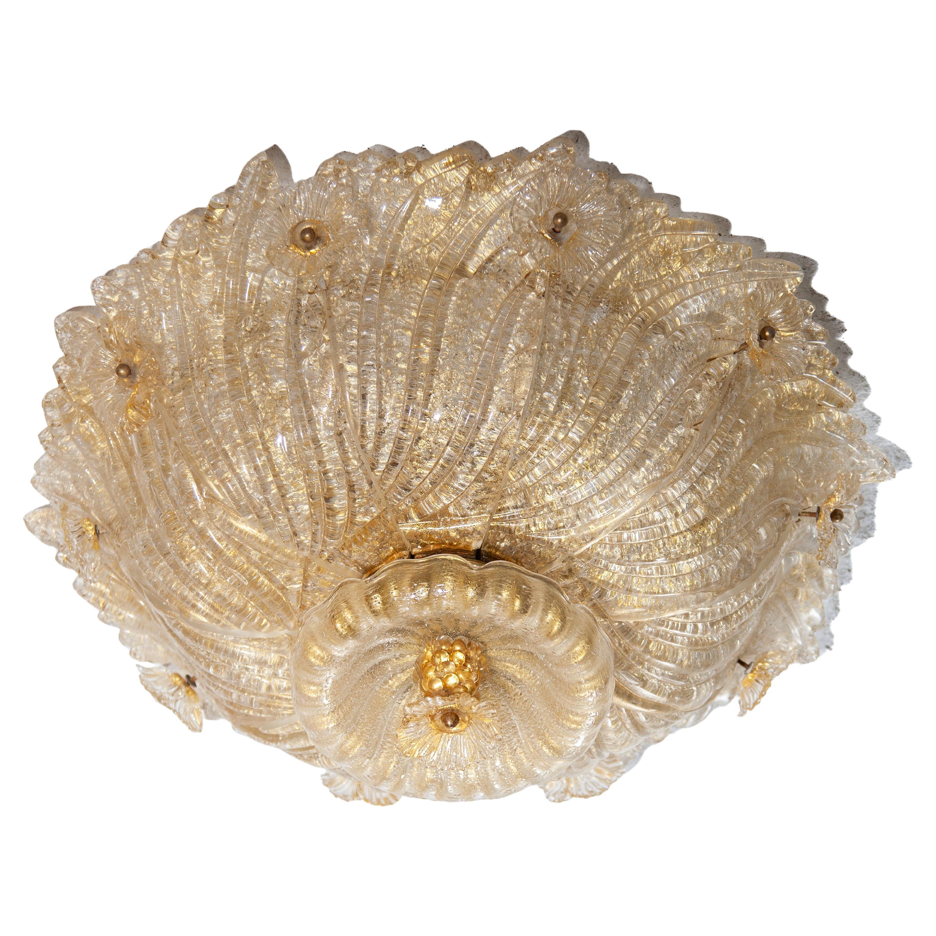 Large Barovier & Toso Flower Gilt Art Glass Murano Flush Mount