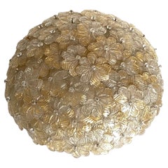 Large Barovier Toso Flushmount Murano Glass Gold and Ice Flowers Basket, 1950s