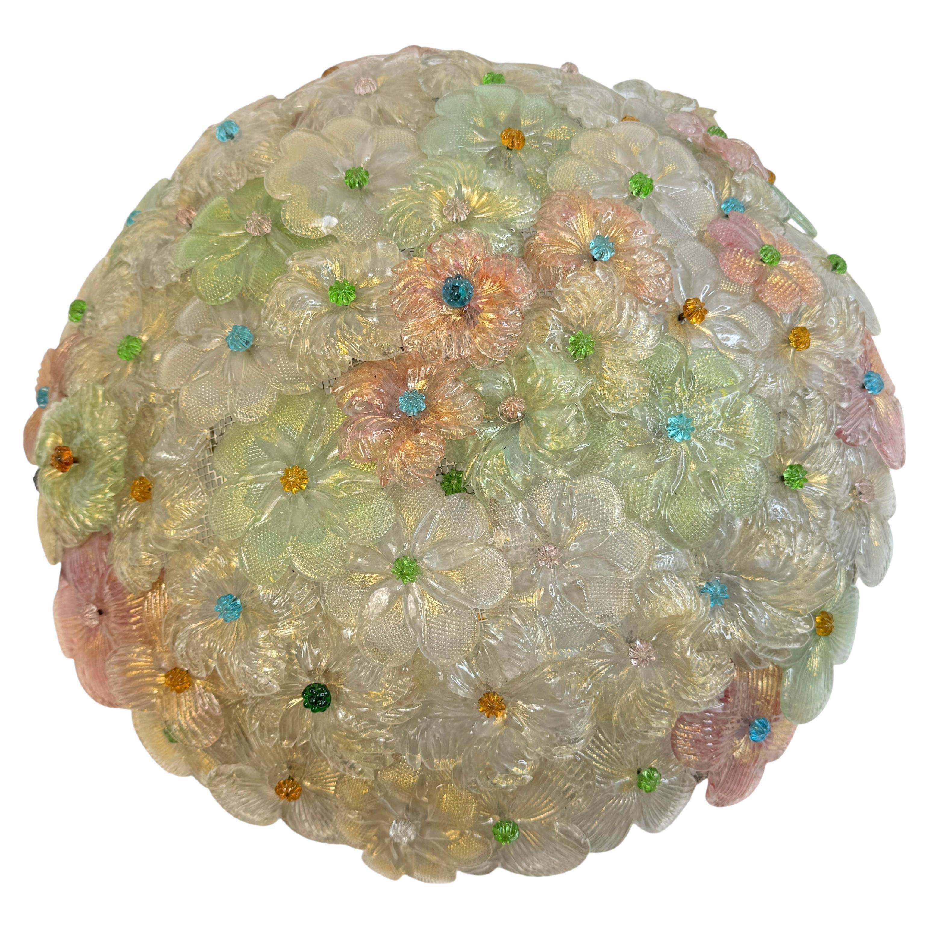 Grande plafone Barovier Toso in vetro di Murano con fiori multicolore e oro, anni '1930