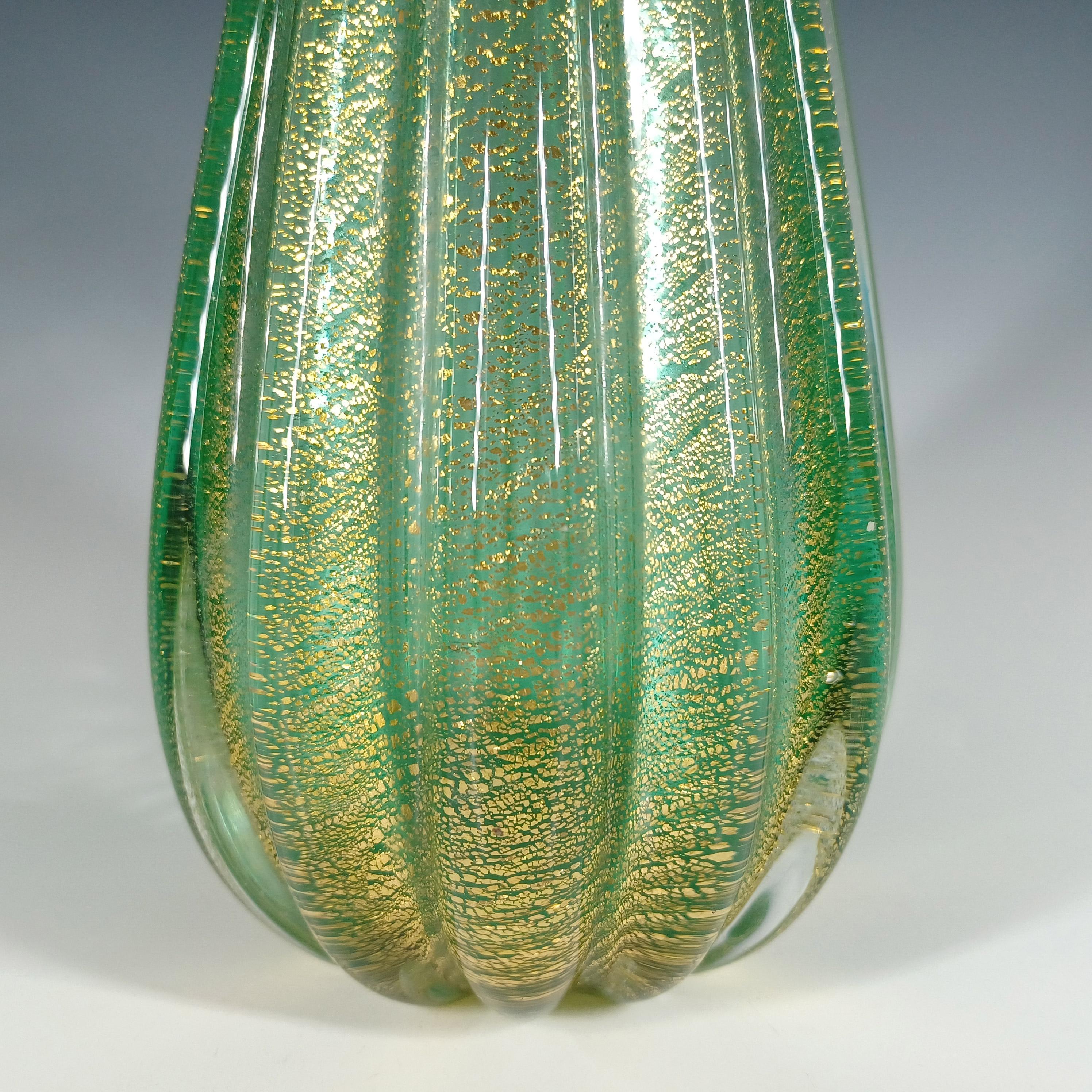 GRAN Jarrón de cristal verde hoja de oro Barovier & Toso Murano Cordonato d'Oro Moderno de mediados de siglo en venta