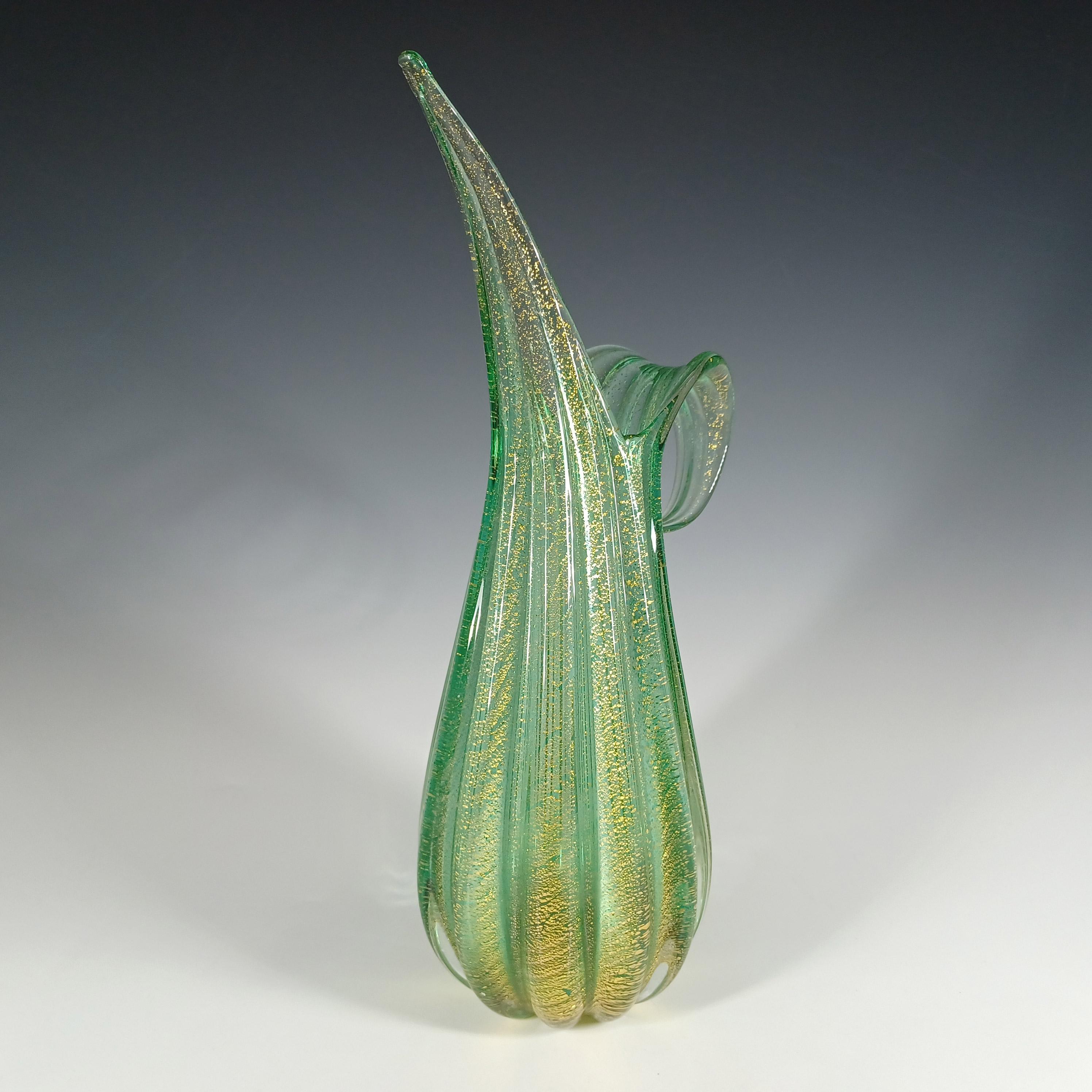 GRAN Jarrón de cristal verde hoja de oro Barovier & Toso Murano Cordonato d'Oro mediados del siglo XX en venta