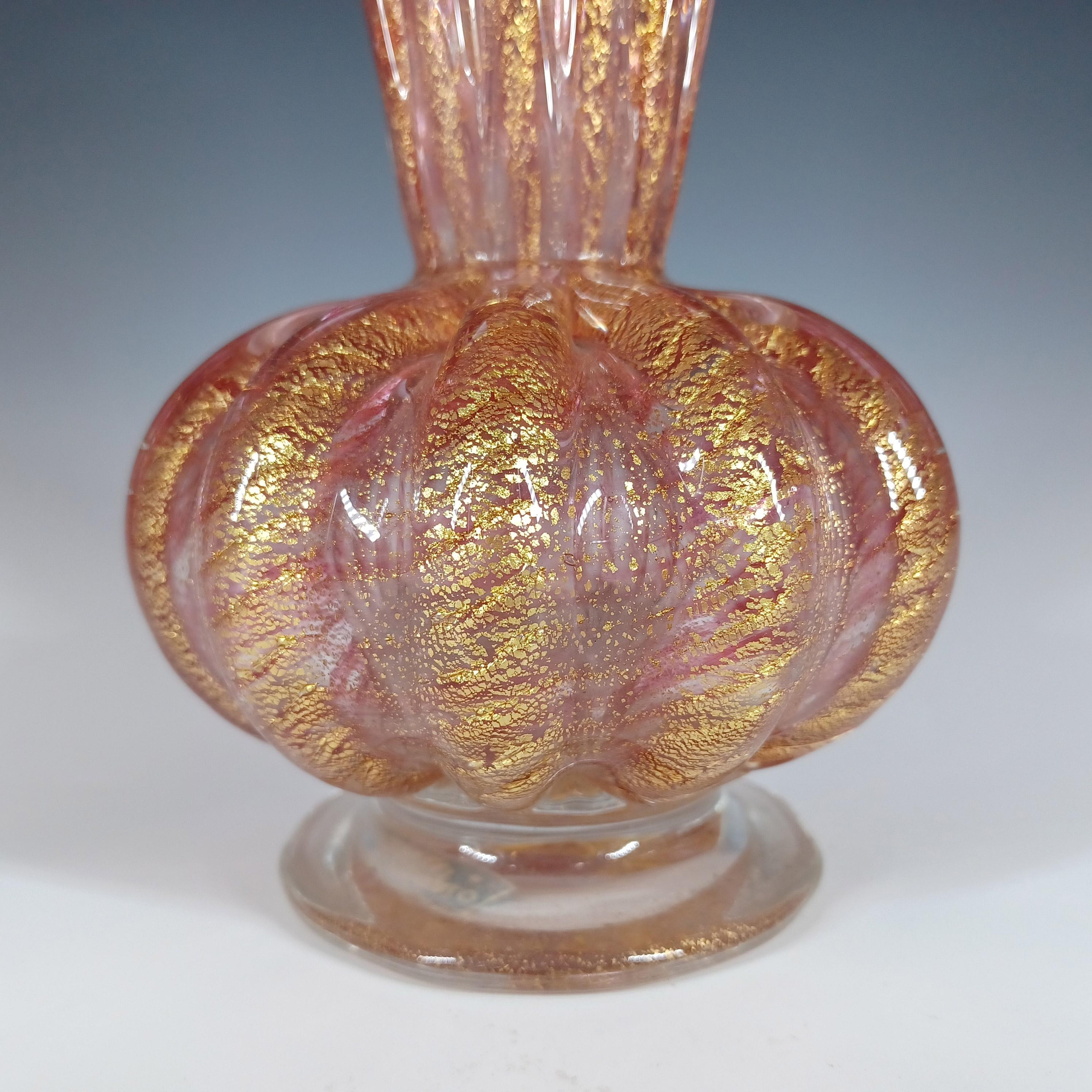 Mid-Century Modern GRAND Vase en verre rose à feuilles d'or Barovier&Toso Murano en vente