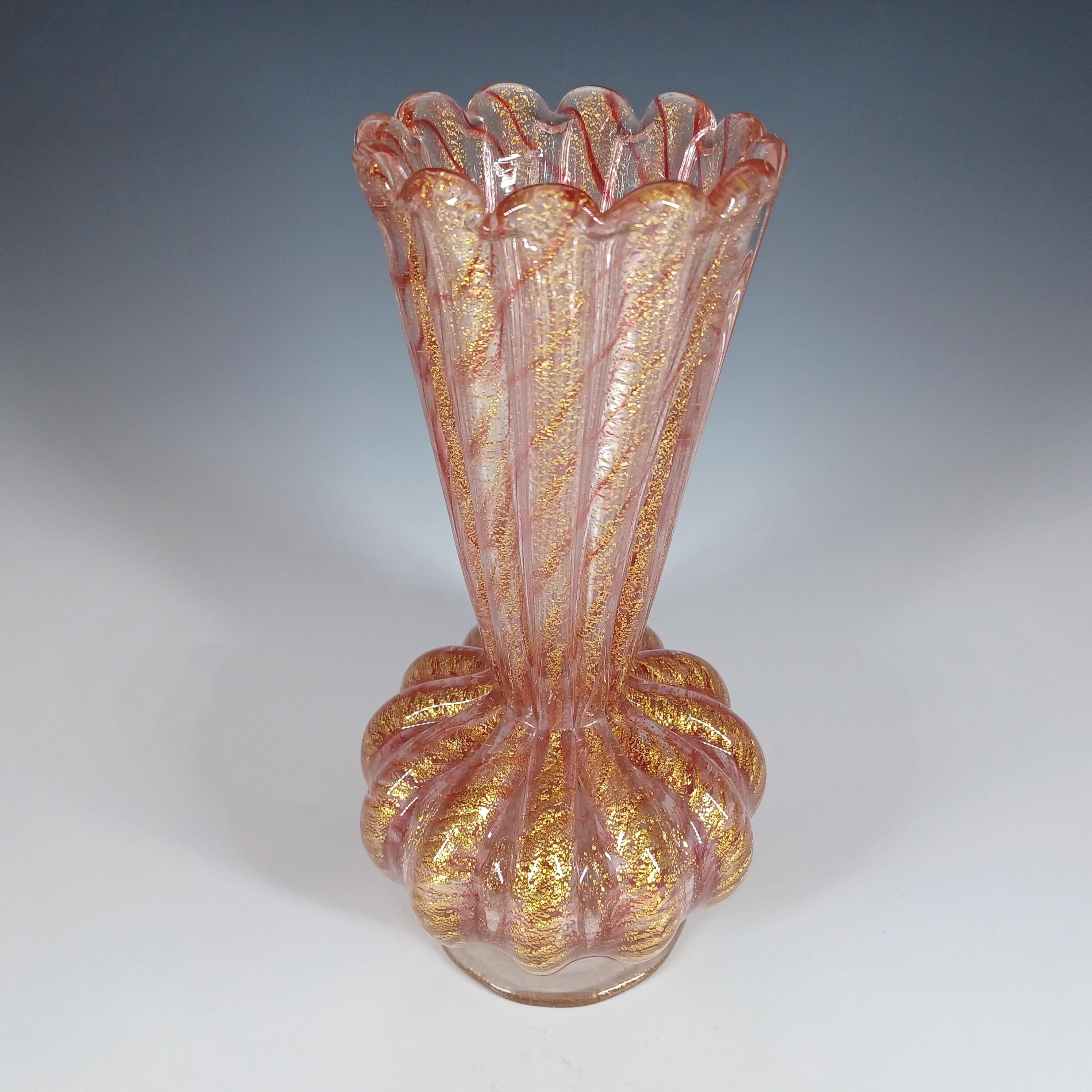 Fait main GRAND Vase en verre rose à feuilles d'or Barovier&Toso Murano en vente