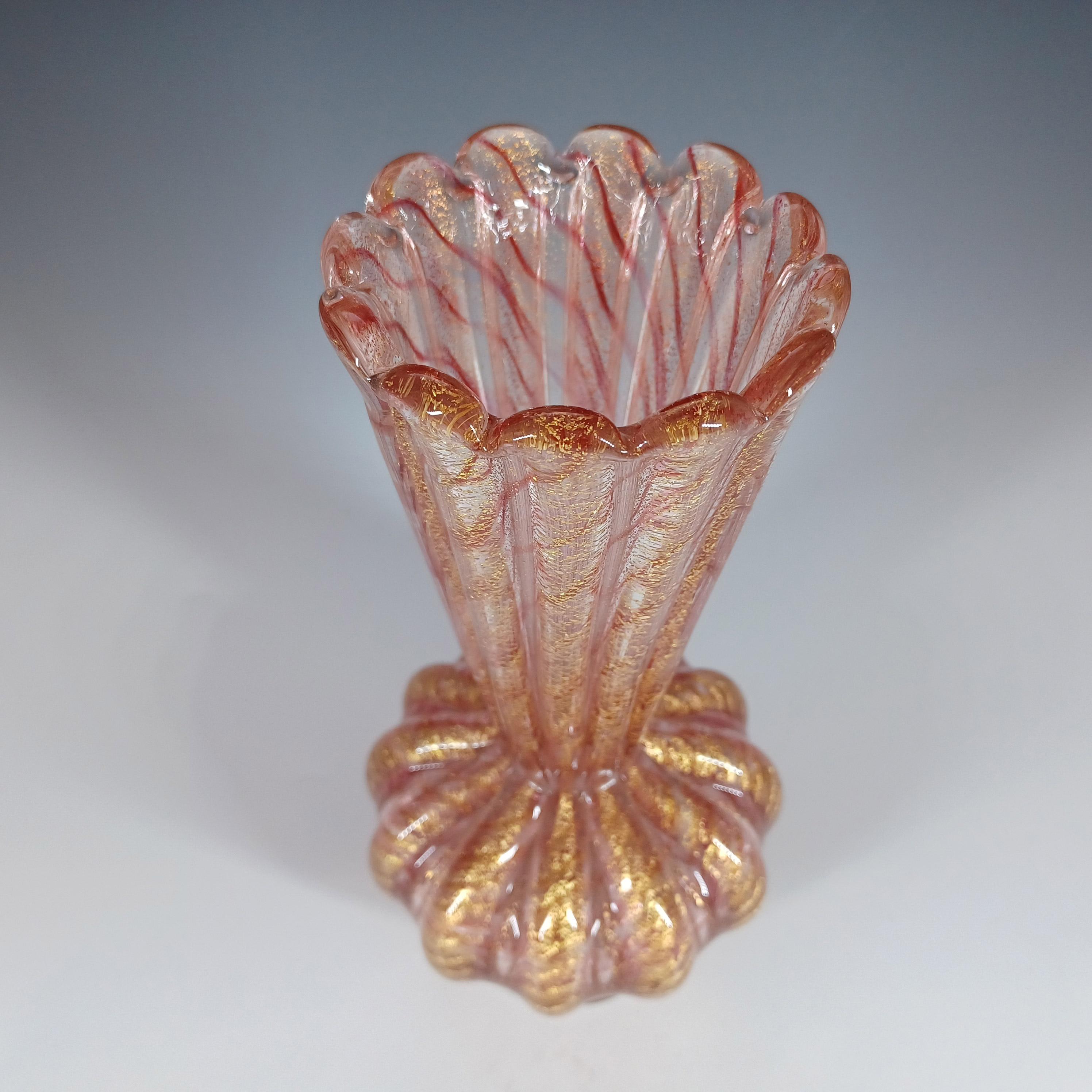 Italian LARGE Barovier & Toso Murano Cordonato d'Oro Gold Leaf Pink Glass Vase