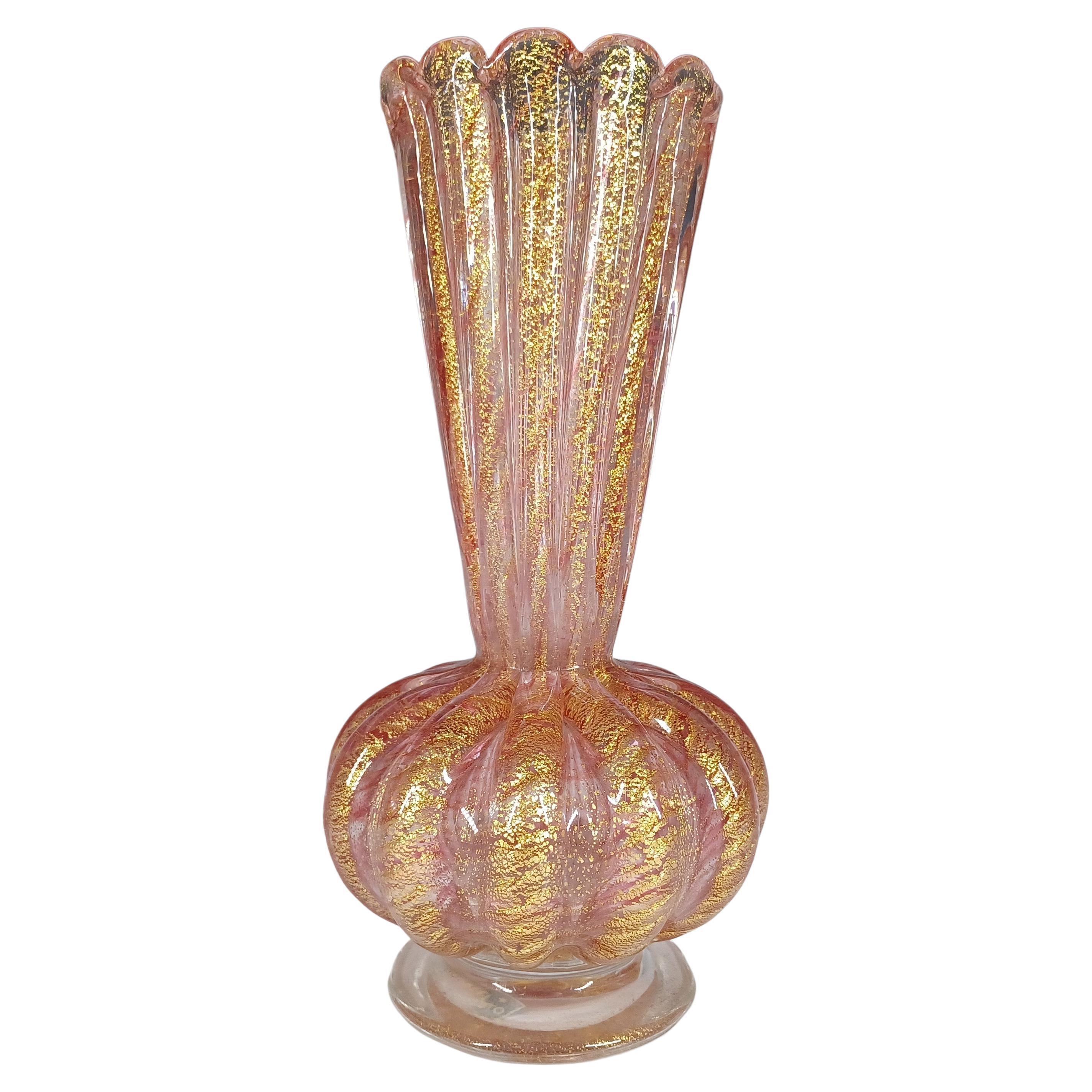 LARGE Barovier & Toso Murano Cordonato d'Oro Gold Leaf Pink Glass Vase For Sale