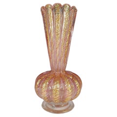 Vintage LARGE Barovier & Toso Murano Cordonato d'Oro Gold Leaf Pink Glass Vase