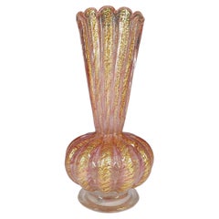 LARGE Barovier & Toso Murano Cordonato d'Oro Vase aus Blattrosa Glas