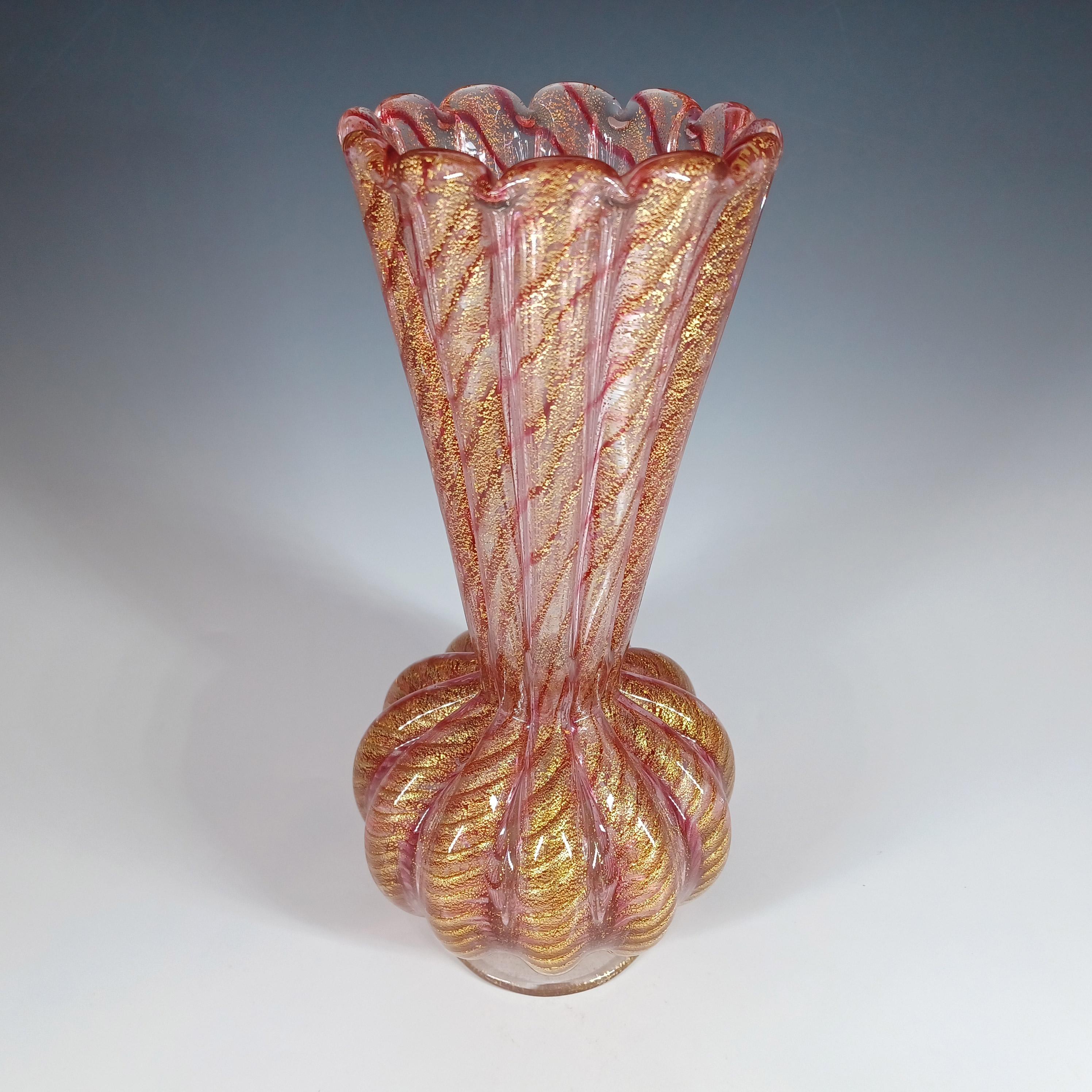 italien Grand vase en verre vintage à feuilles d'or Barovier & Toso Murano Cordonato d'Oro en vente
