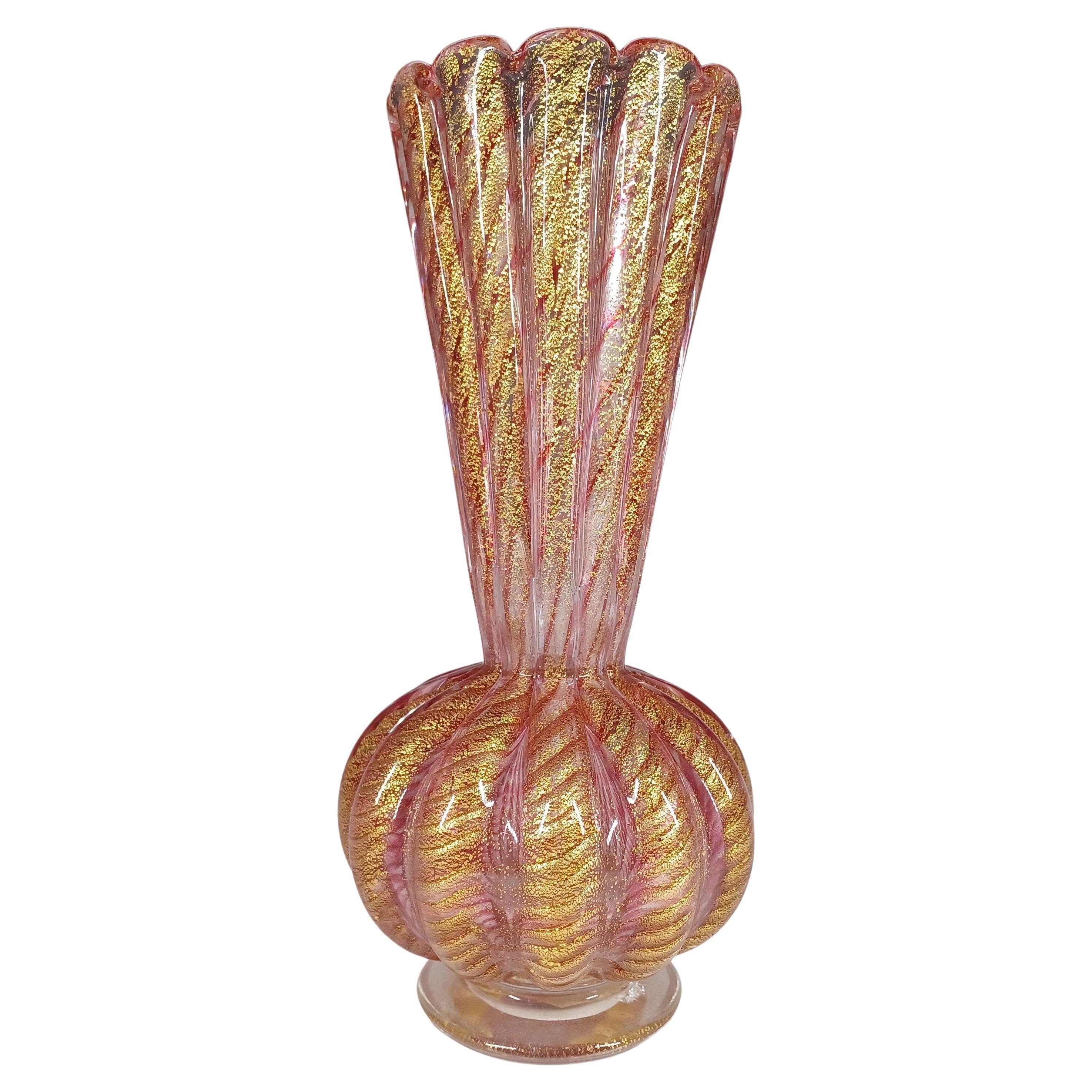 LARGE Barovier & Toso Murano Cordonato d'Oro Gold Leaf Vintage Glass Vase For Sale