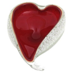 Large Barovier Toso Murano Red White Silver Flecks Heart Shaped Art Glass Bowl