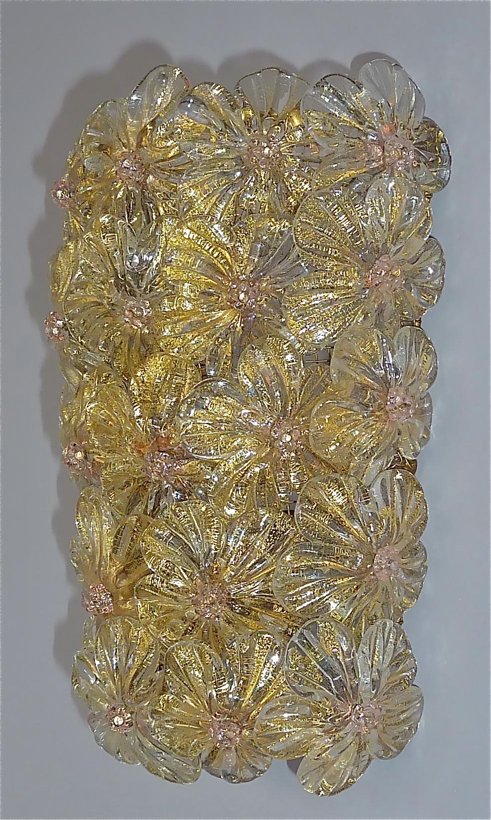 Large Barovier Toso Sconces Murano Glass Flowers Gold Mauve, Italy 1960s, Seguso 2