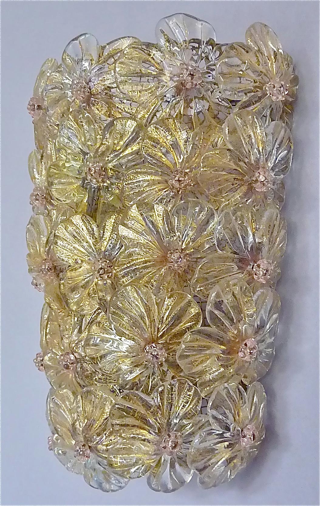 Large Barovier Toso Sconces Murano Glass Flowers Gold Mauve, Italy 1960s, Seguso 3