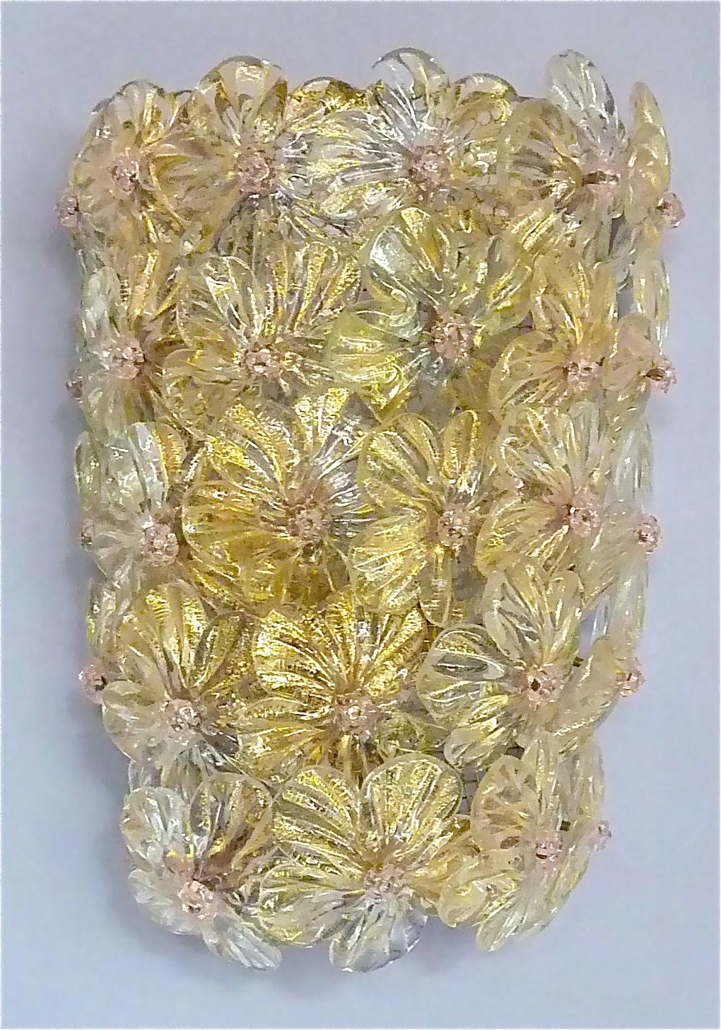 Large Barovier Toso Sconces Murano Glass Flowers Gold Mauve, Italy 1960s, Seguso 5