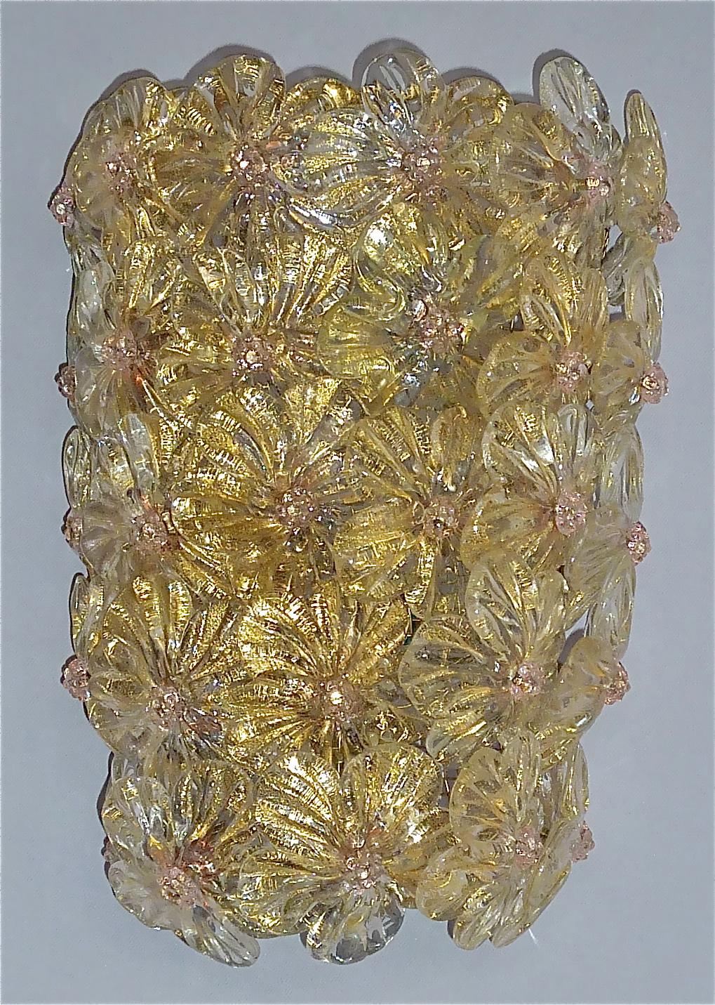 Large Barovier Toso Sconces Murano Glass Flowers Gold Mauve, Italy 1960s, Seguso 6