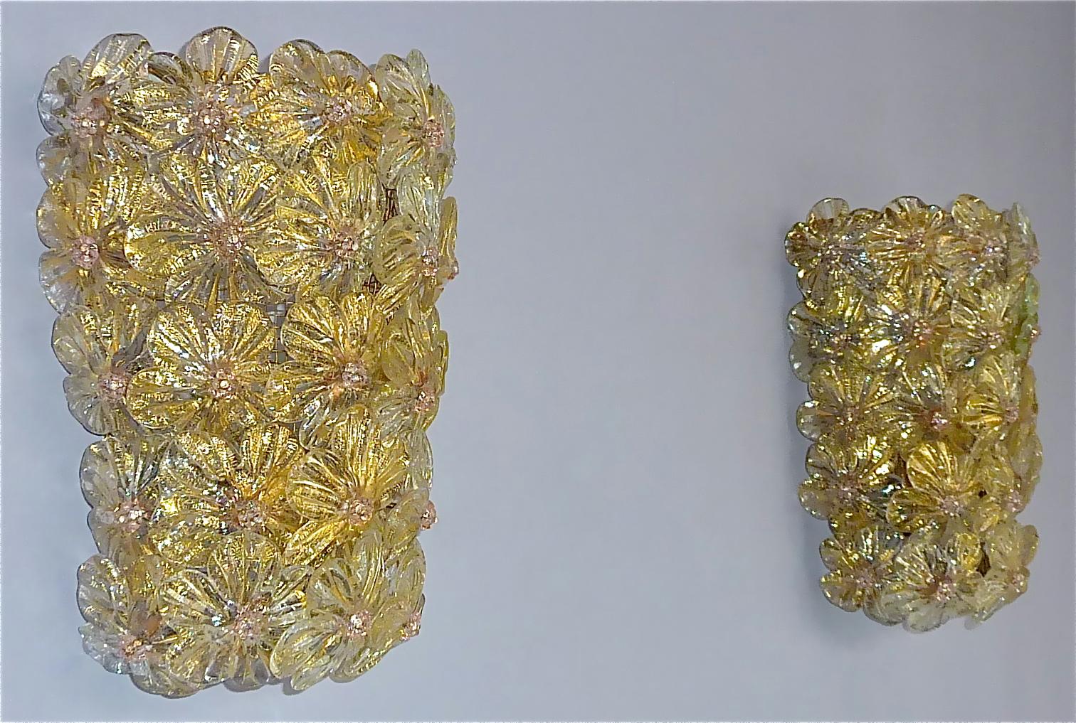 Large Barovier Toso Sconces Murano Glass Flowers Gold Mauve, Italy 1960s, Seguso 7