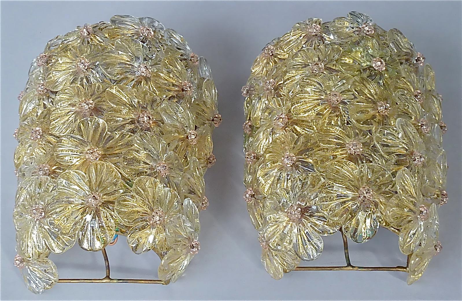 Large Barovier Toso Sconces Murano Glass Flowers Gold Mauve, Italy 1960s, Seguso 9