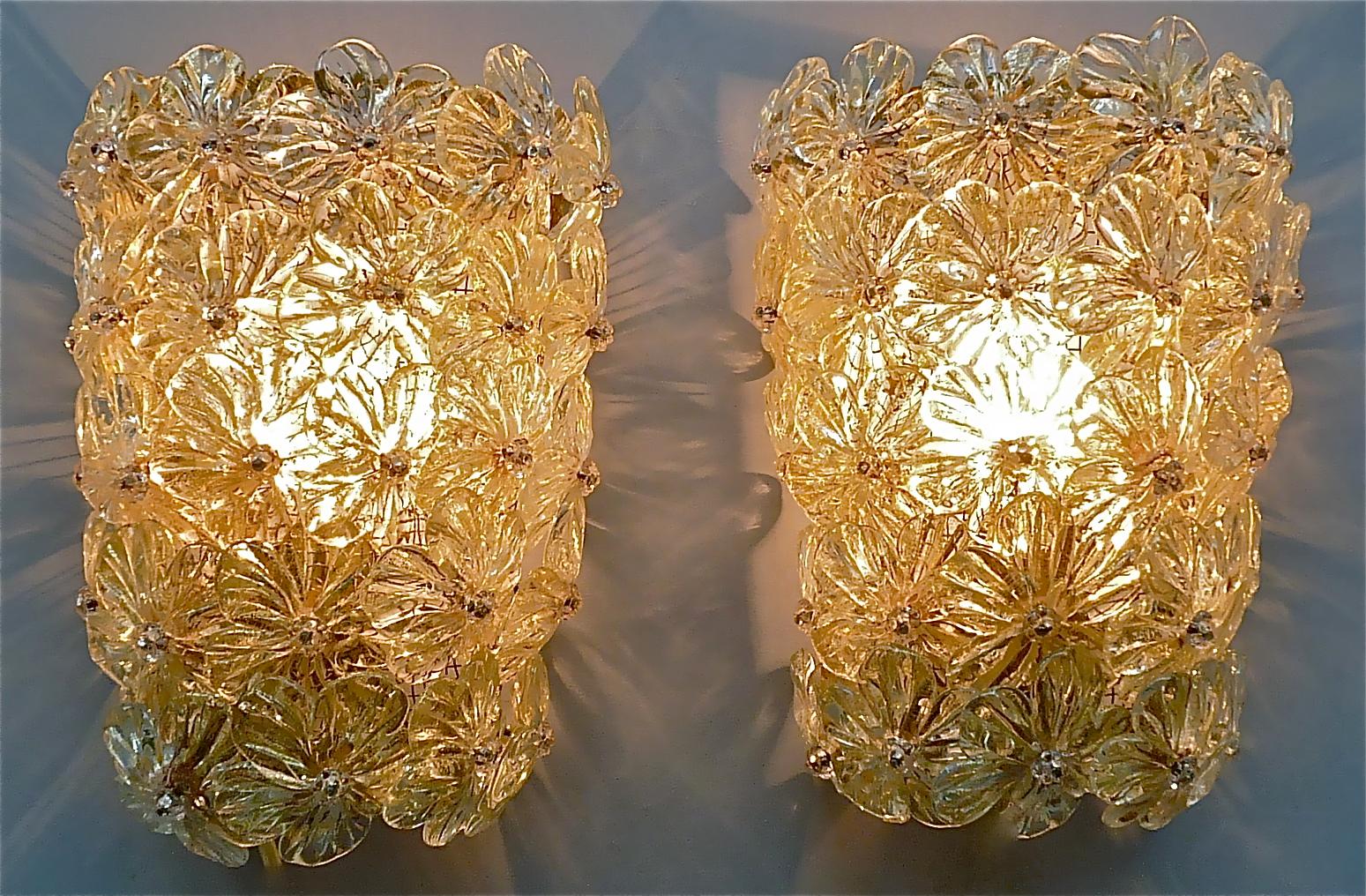 Large Barovier Toso Sconces Murano Glass Flowers Gold Mauve, Italy 1960s, Seguso 11