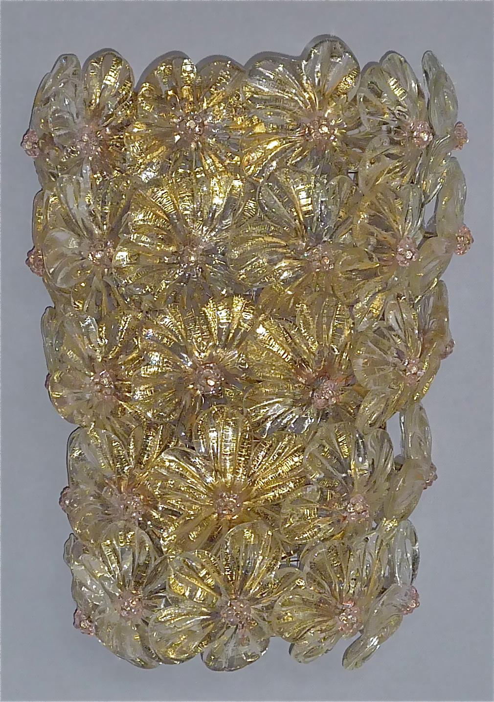 Italian Large Barovier Toso Sconces Murano Glass Flowers Gold Mauve, Italy 1960s, Seguso