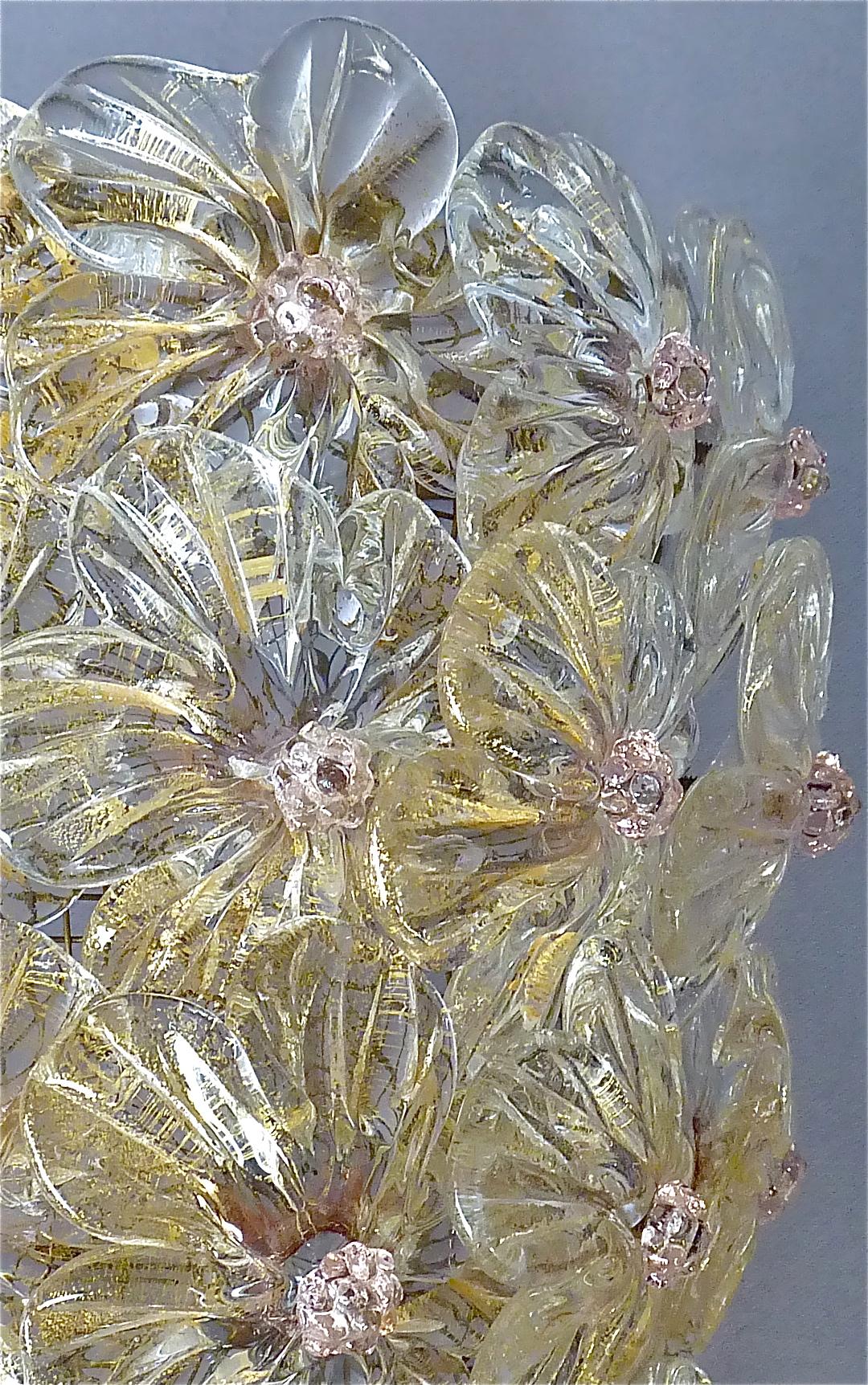 Large Barovier Toso Sconces Murano Glass Flowers Gold Mauve, Italy 1960s, Seguso In Good Condition In Nierstein am Rhein, DE